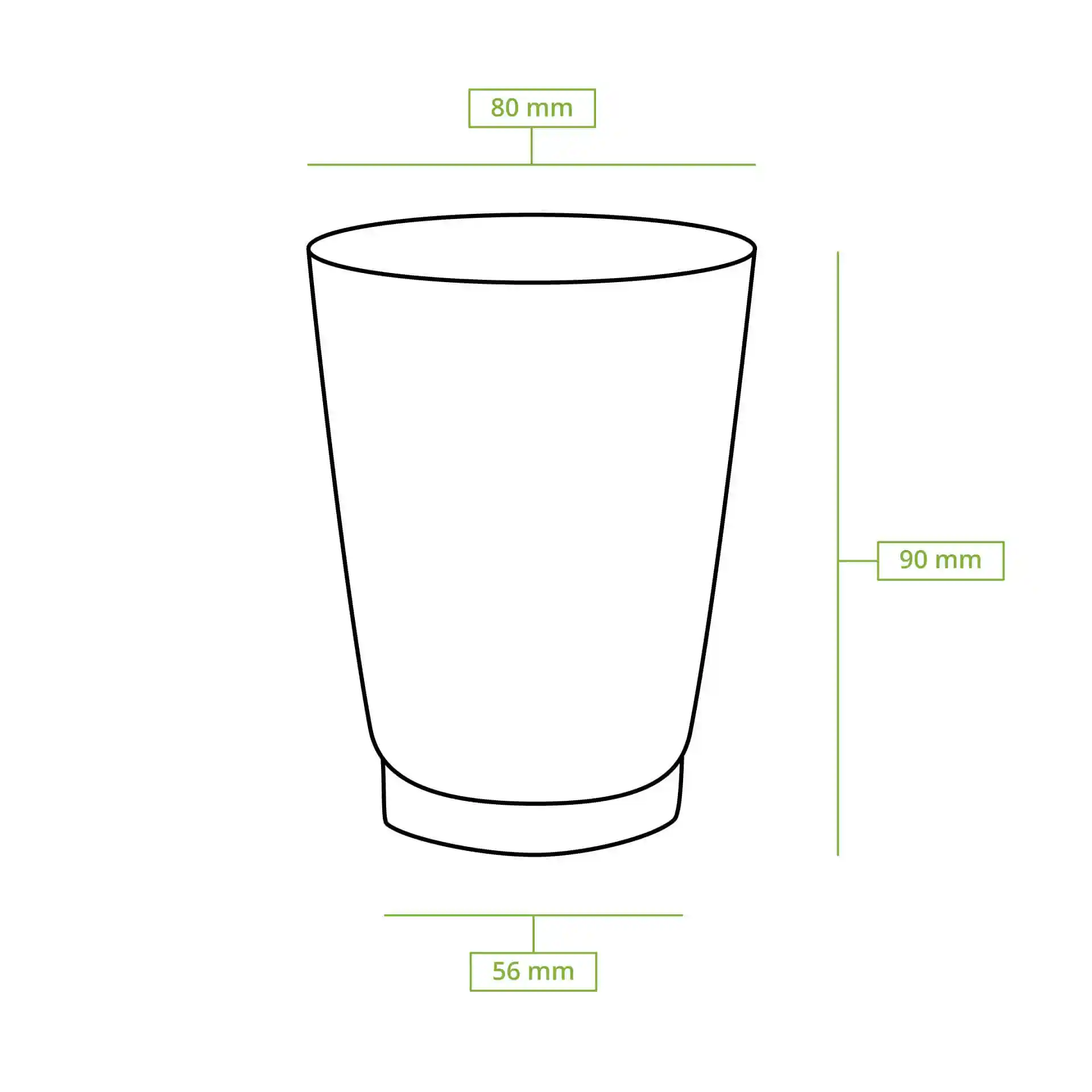 Disegno schematico di una tazza da caffè a doppia parete con dimensioni: altezza 95 mm, diametro superiore 80 mm, diametro inferiore 52 mm.