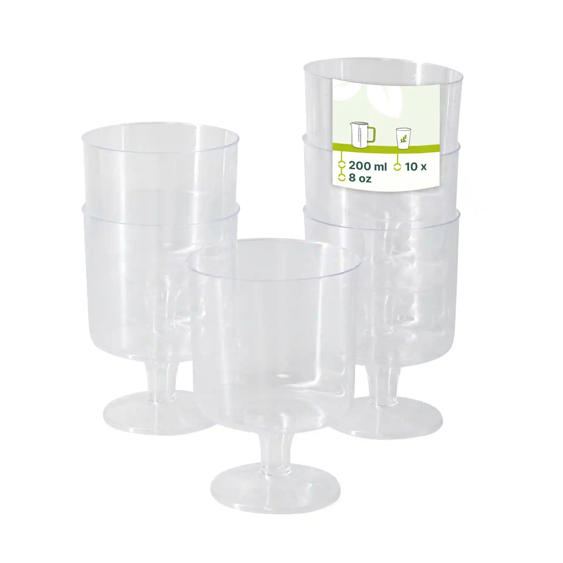 Bicchieri da vino trasparenti riutilizzabili impilati, ciascuno con una capacità di 200 ml.