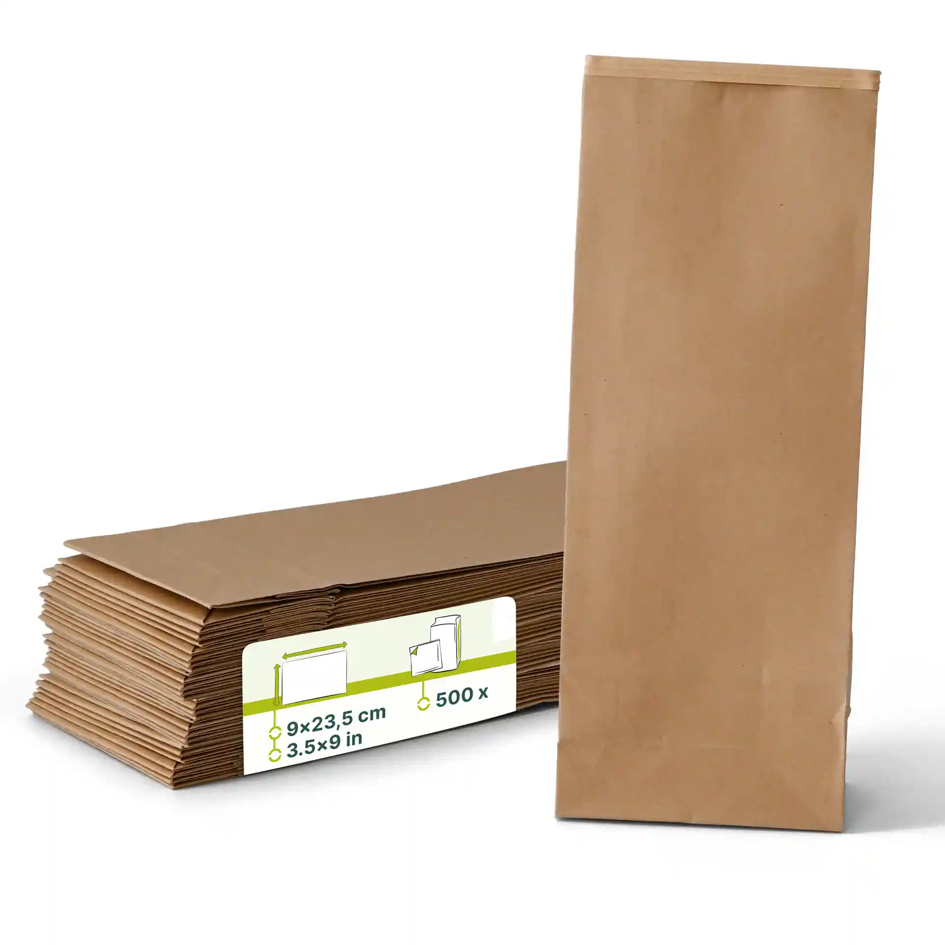 Sacchetti in carta kraft marrone con fondo piatto e chiusura in metallo, misurano 9 x 5 x 23,5 cm, impilati con un sacchetto in verticale.
