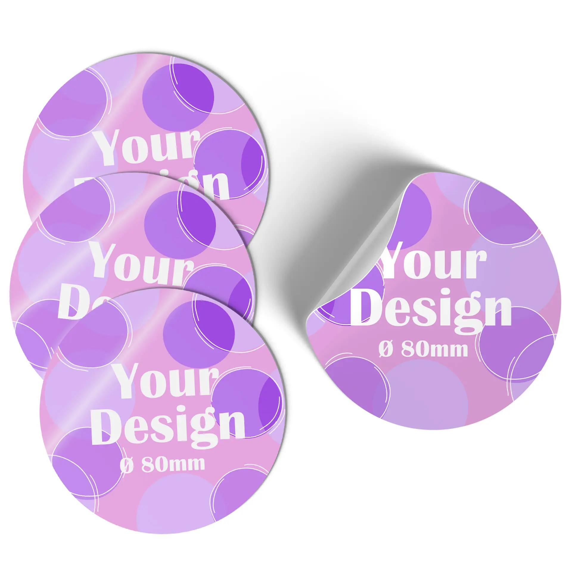 Adesivo rotondo in gradiente blu e viola; presenta un design circolare bianco e l'etichetta di diametro Ø 8 cm.