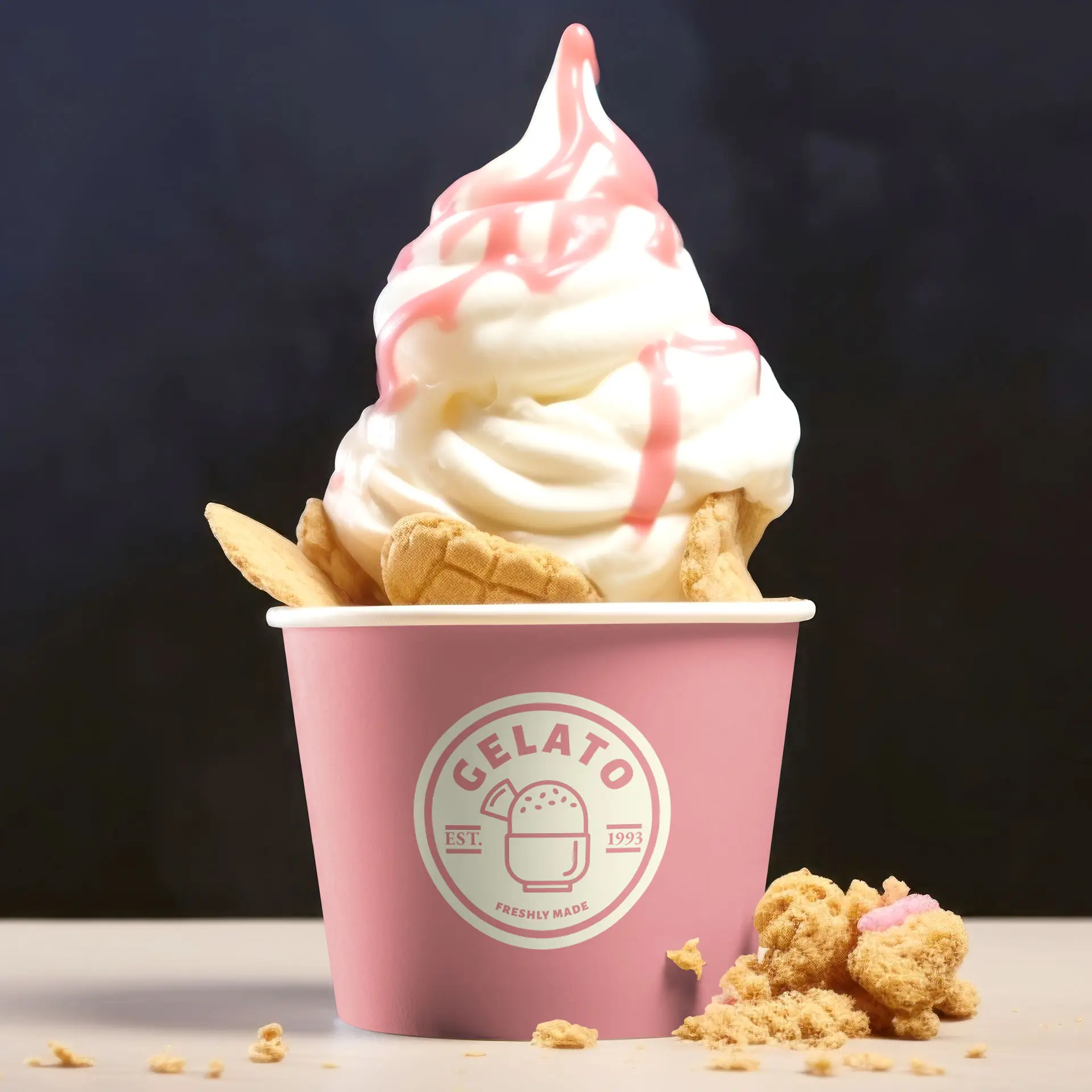 Una coppa di gelato rosa con gelato alla vaniglia e rosa mescolato, guarnita con un biscotto e dolcetti sbriciolati.