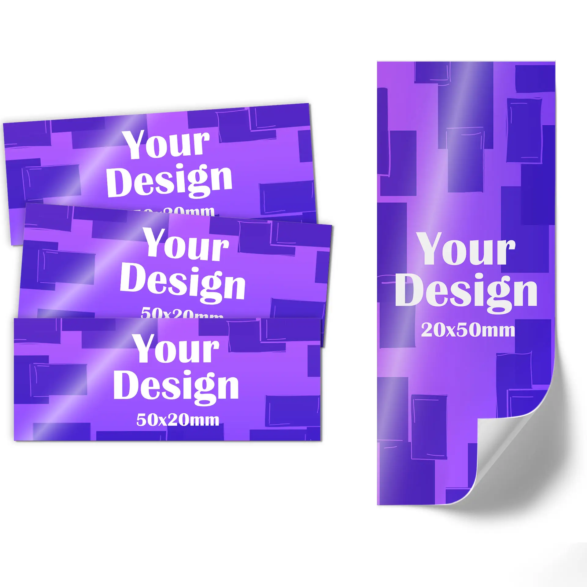 Un'etichetta viola con un'icona di manometro e dimensioni di 50x20 mm; un angolo è leggermente arricciato.