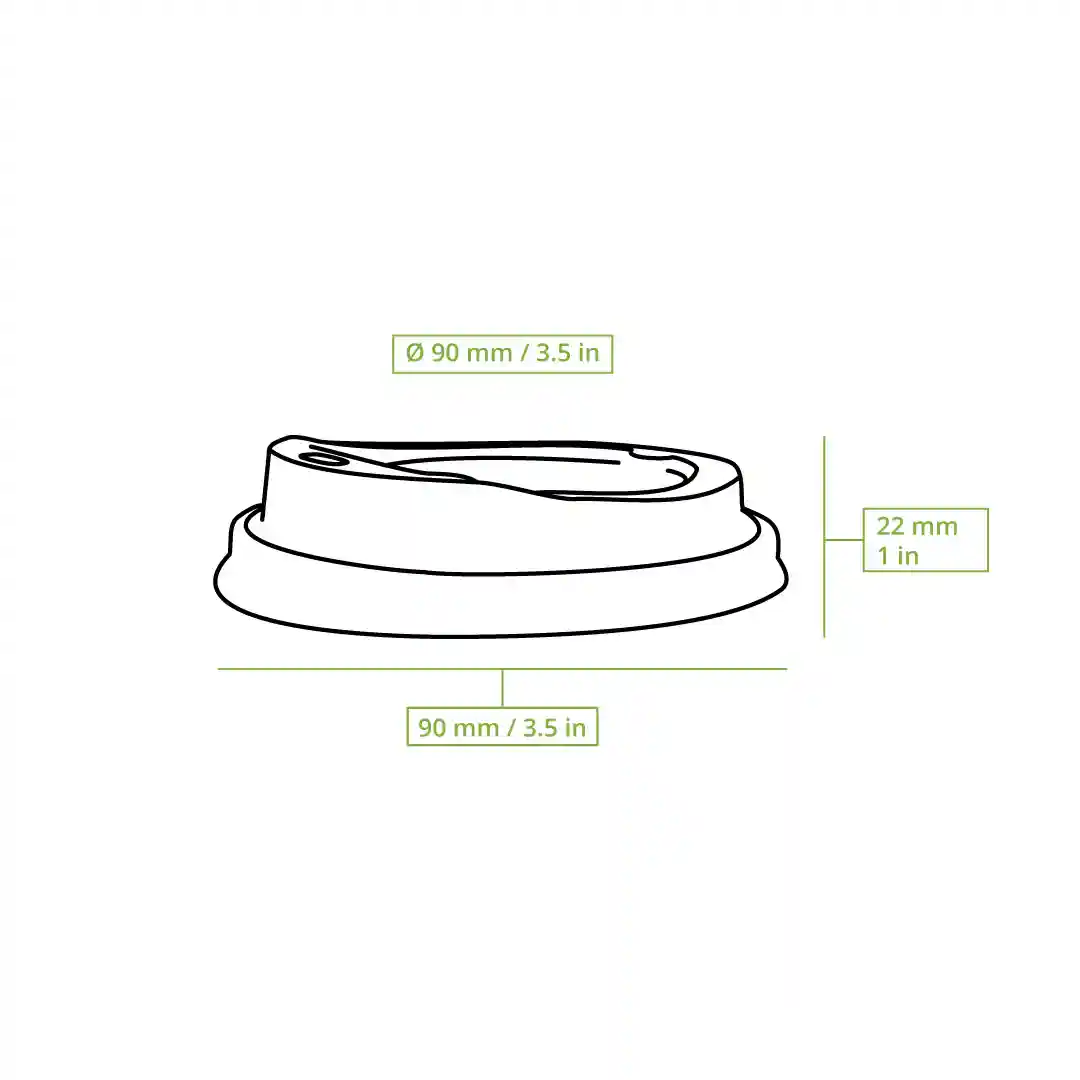 Disegno schematico di un coperchio in canna da zucchero bianco per bicchieri, dimensioni 90 mm di diametro e 22 mm di altezza.