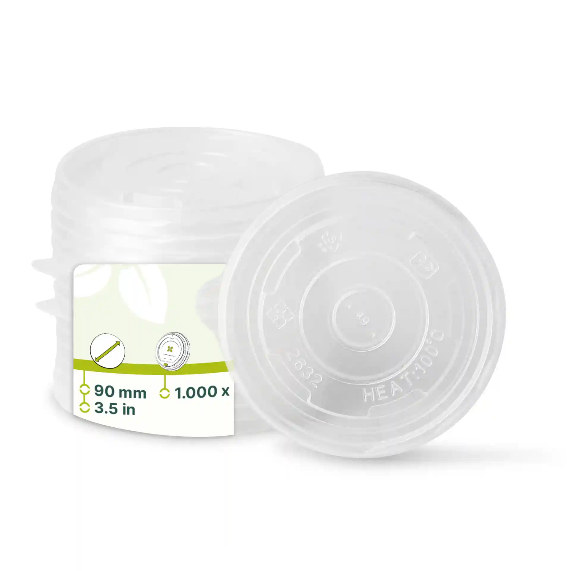 Coperchi piatti rotondi trasparenti in polipropilene con un diametro di 90 mm, impilati con un'etichetta.