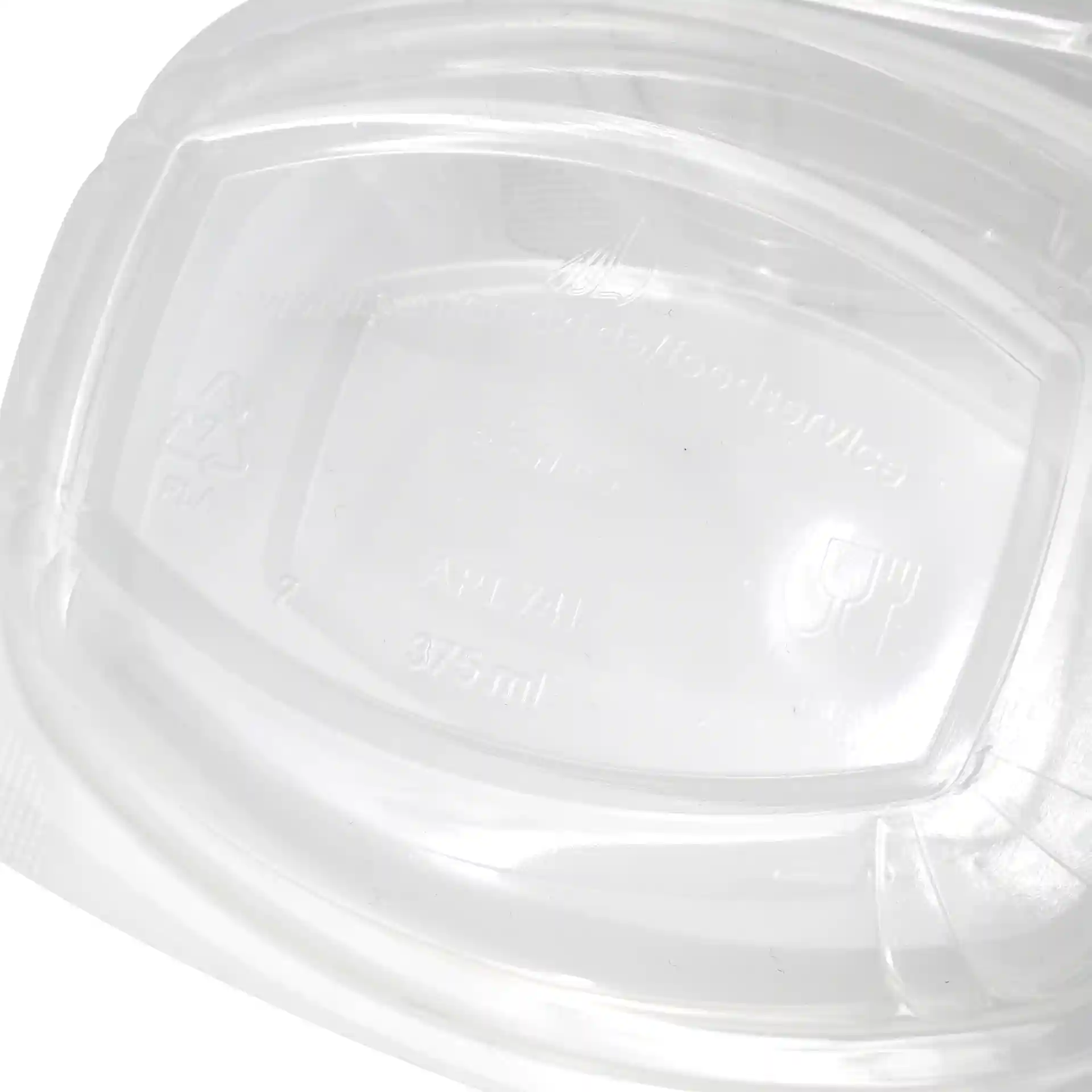 Ciotola rettangolare in PLA trasparente con coperchio pieghevole, capacità di 375 ml, con segni interni.