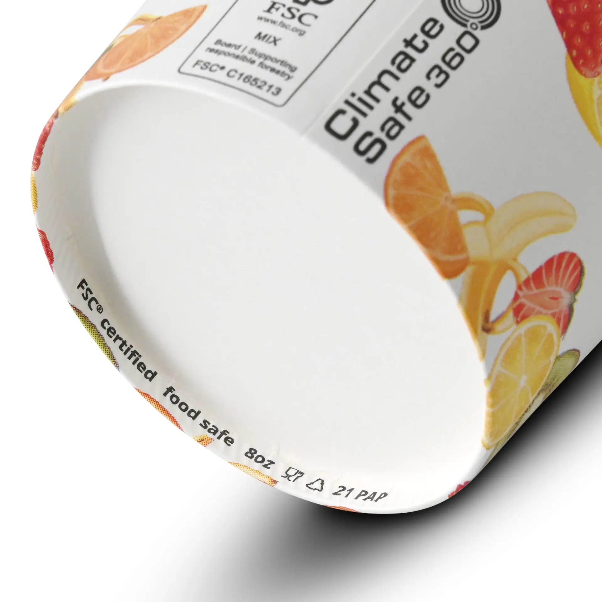 Tazza di carta stampata per gelato con design di frutta; rivestita in PE, adatta per cibi caldi e freddi, capacità di 8 oz.