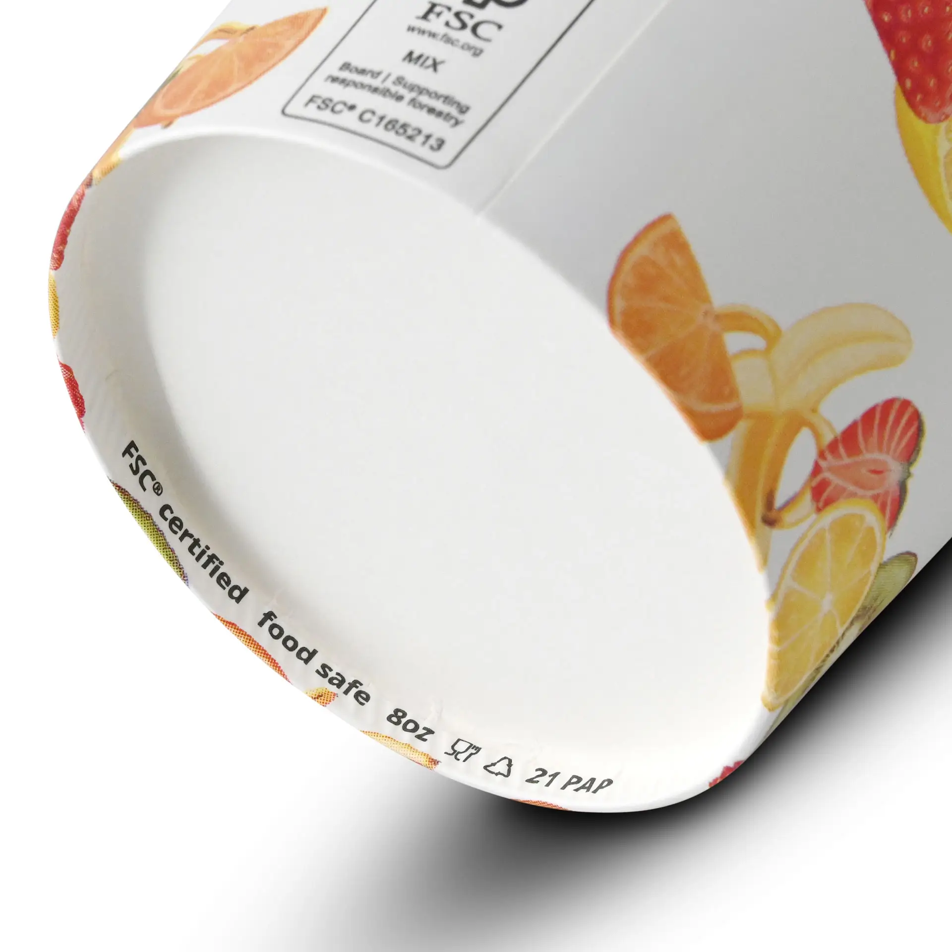 Bicchiere di carta con design stampato di frutta, capacità di 8 oz, diametro 92 mm e altezza 62 mm.