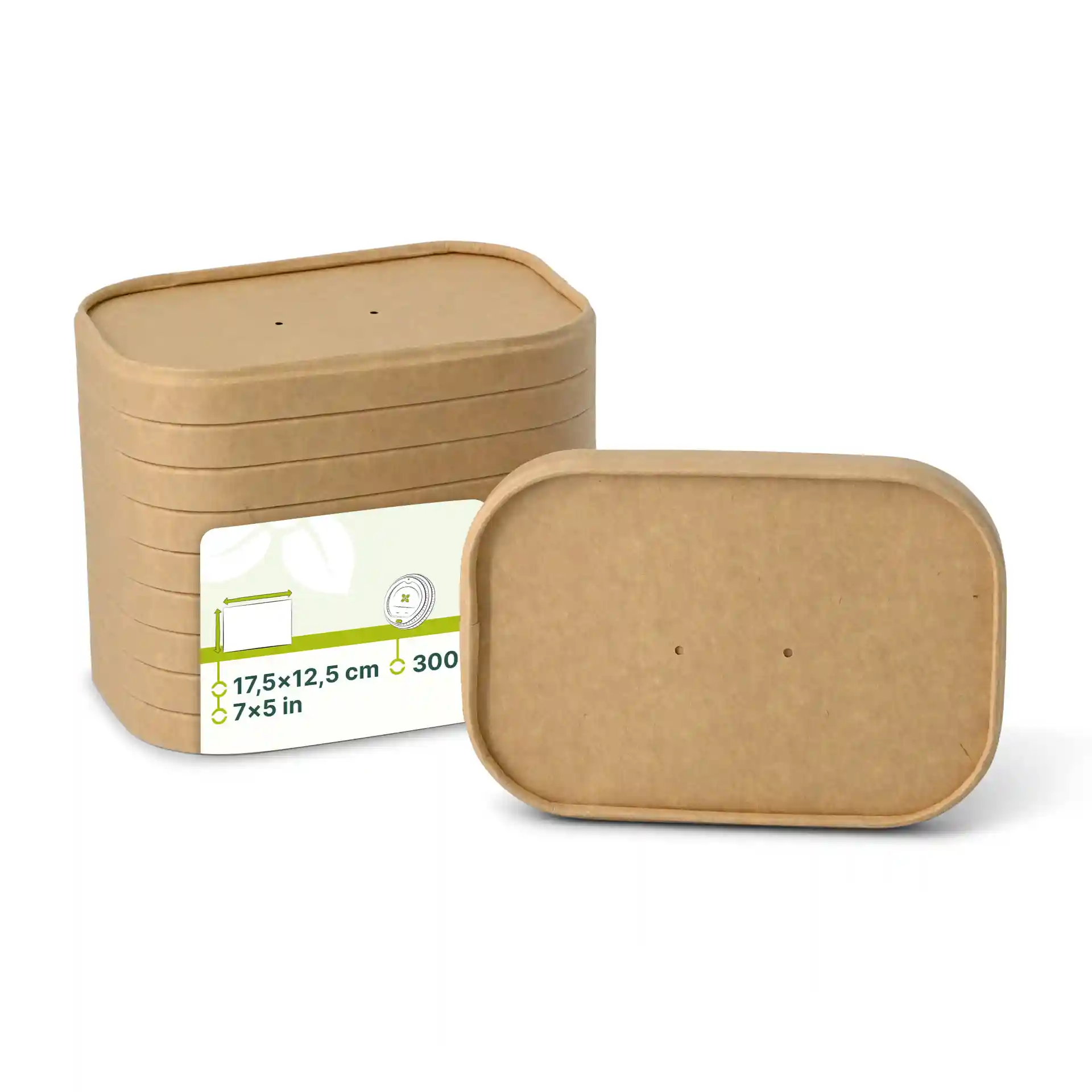 Coperchi rettangolari in cartone marroni impilati, con un coperchio davanti che mostra due piccoli fori e un'etichetta con le dimensioni.