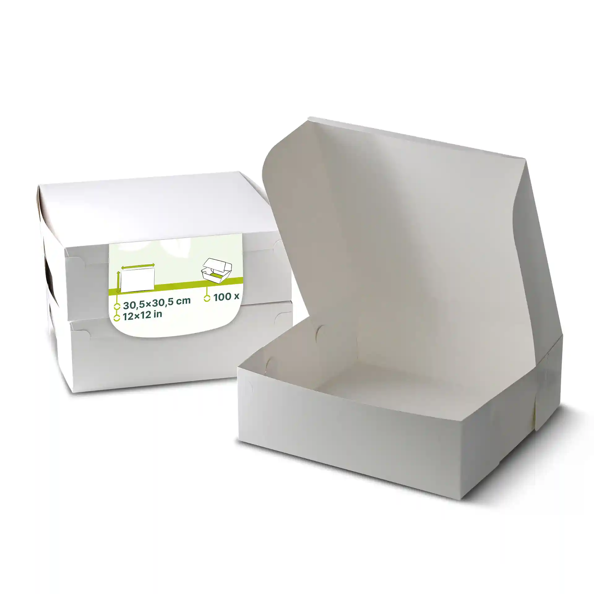 Scatola per torta bianca con coperchio aperto, dimensioni 30,5 x 30,5 x 10 cm, mostra un'etichetta con i dettagli del prodotto.