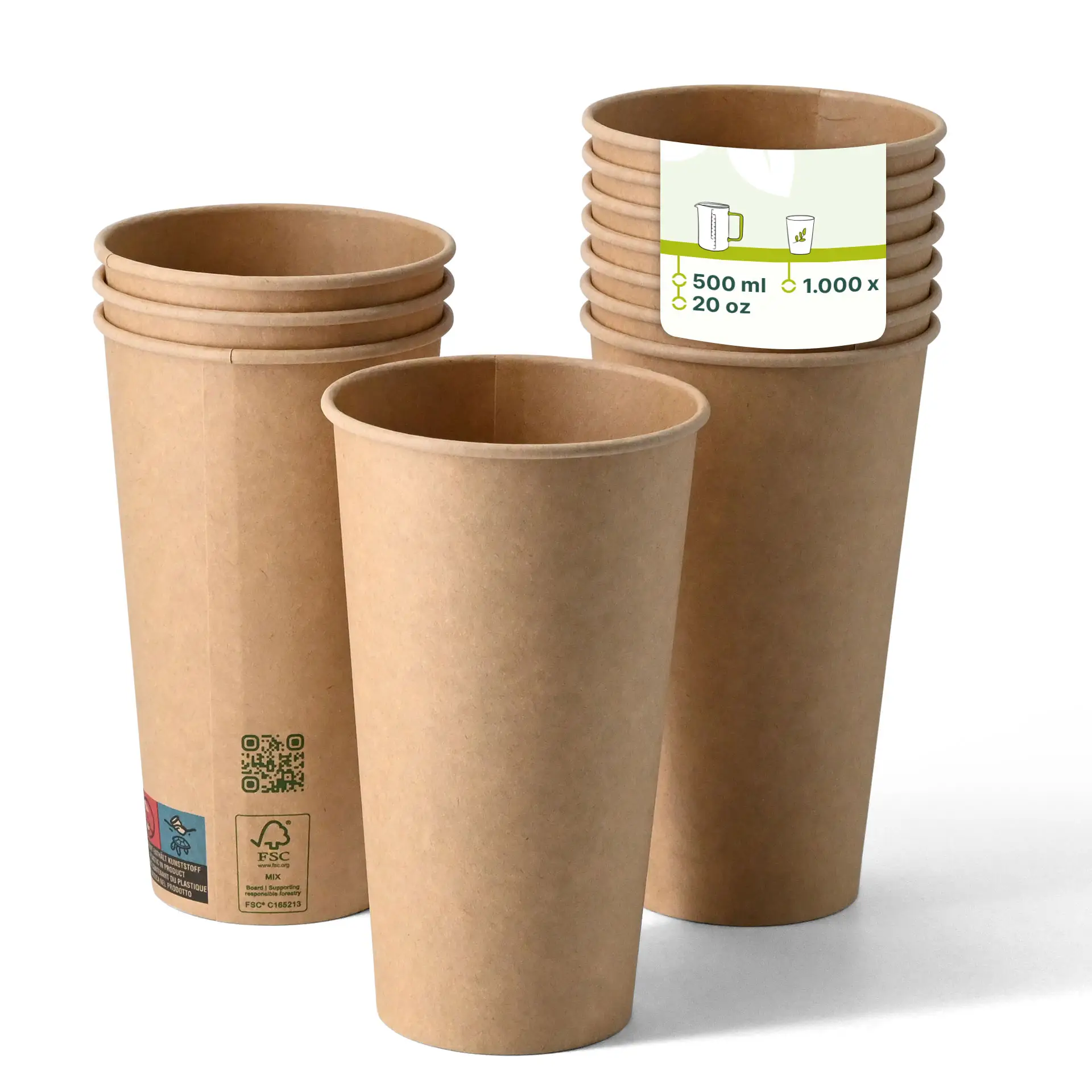 Bicchieri di carta marroni a parete singola con rivestimento PLA, 500 ml, adatti per bevande calde e fredde, impilati con etichette visibili.