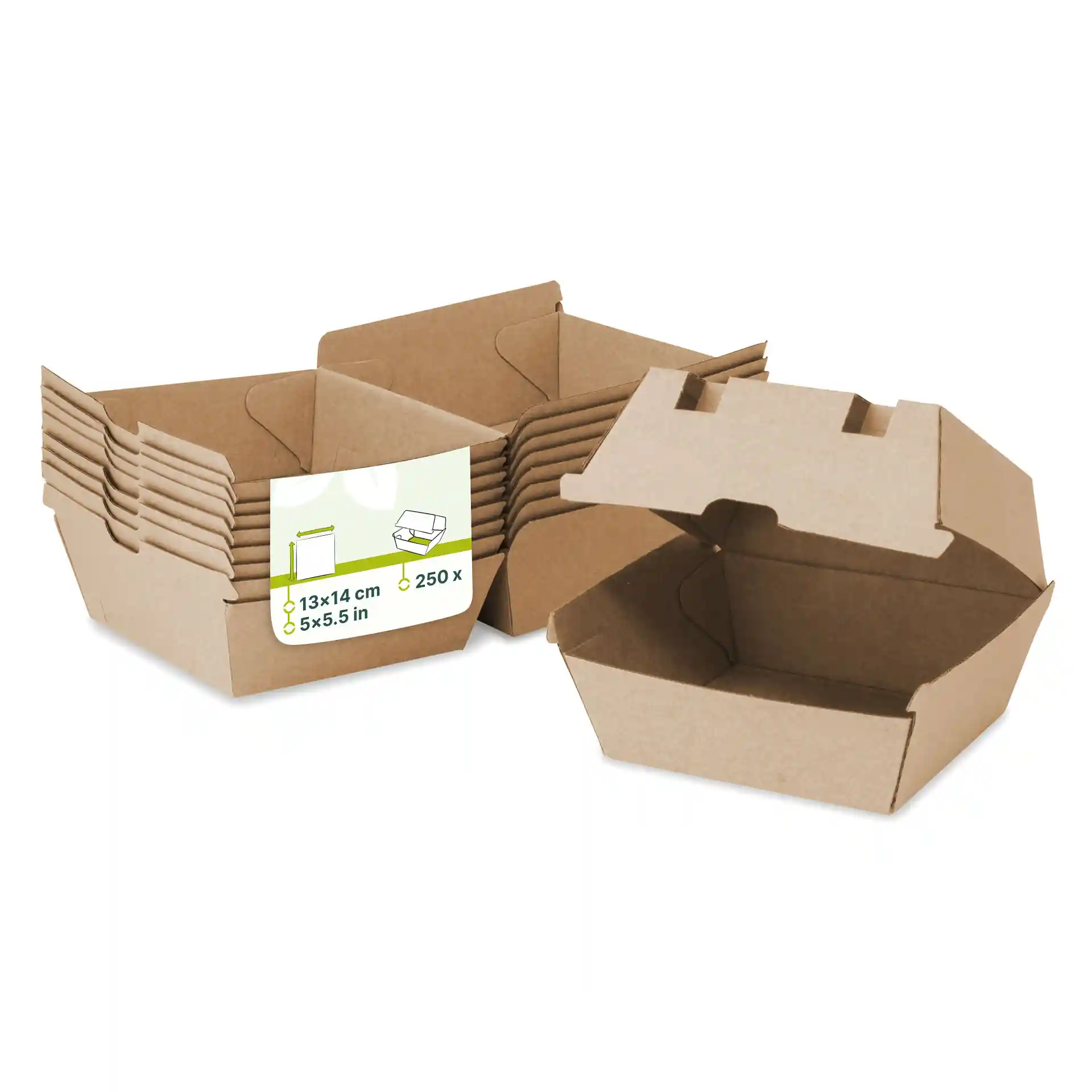 Scatole per hamburger in cartone kraft marrone impilate, con una scatola aperta e un'etichetta con dimensioni e quantità.