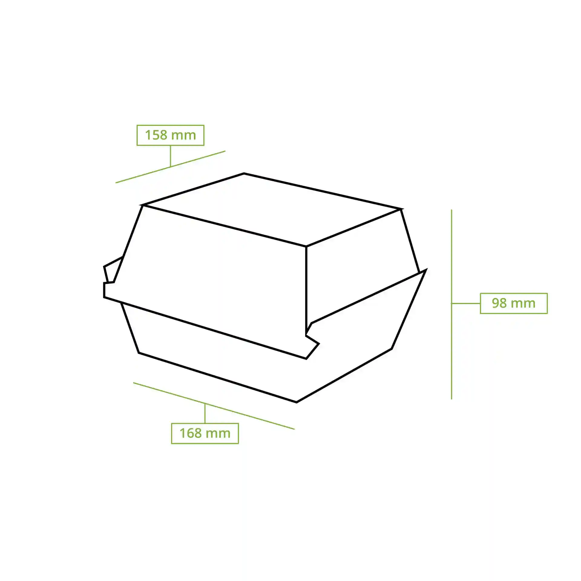 Disegno schematico di una scatola per hamburger rettangolare con dimensioni di 168 mm di lunghezza, 158 mm di larghezza e 98 mm di altezza.