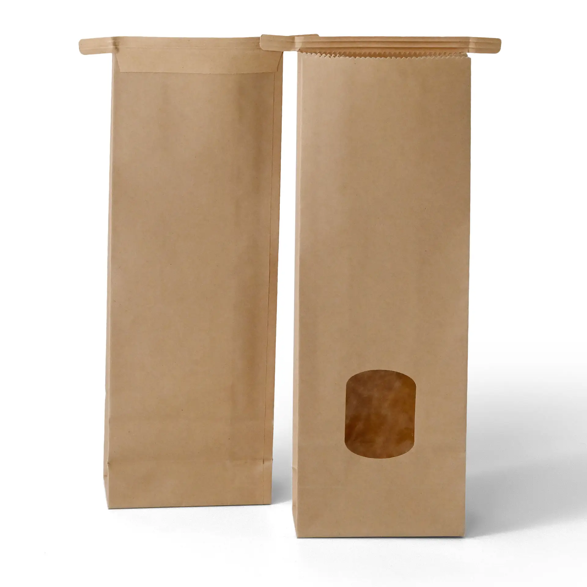 Sacchetti in carta kraft marrone con finestra, chiusura a filo, misure 8,5 x 5 x 24 cm.