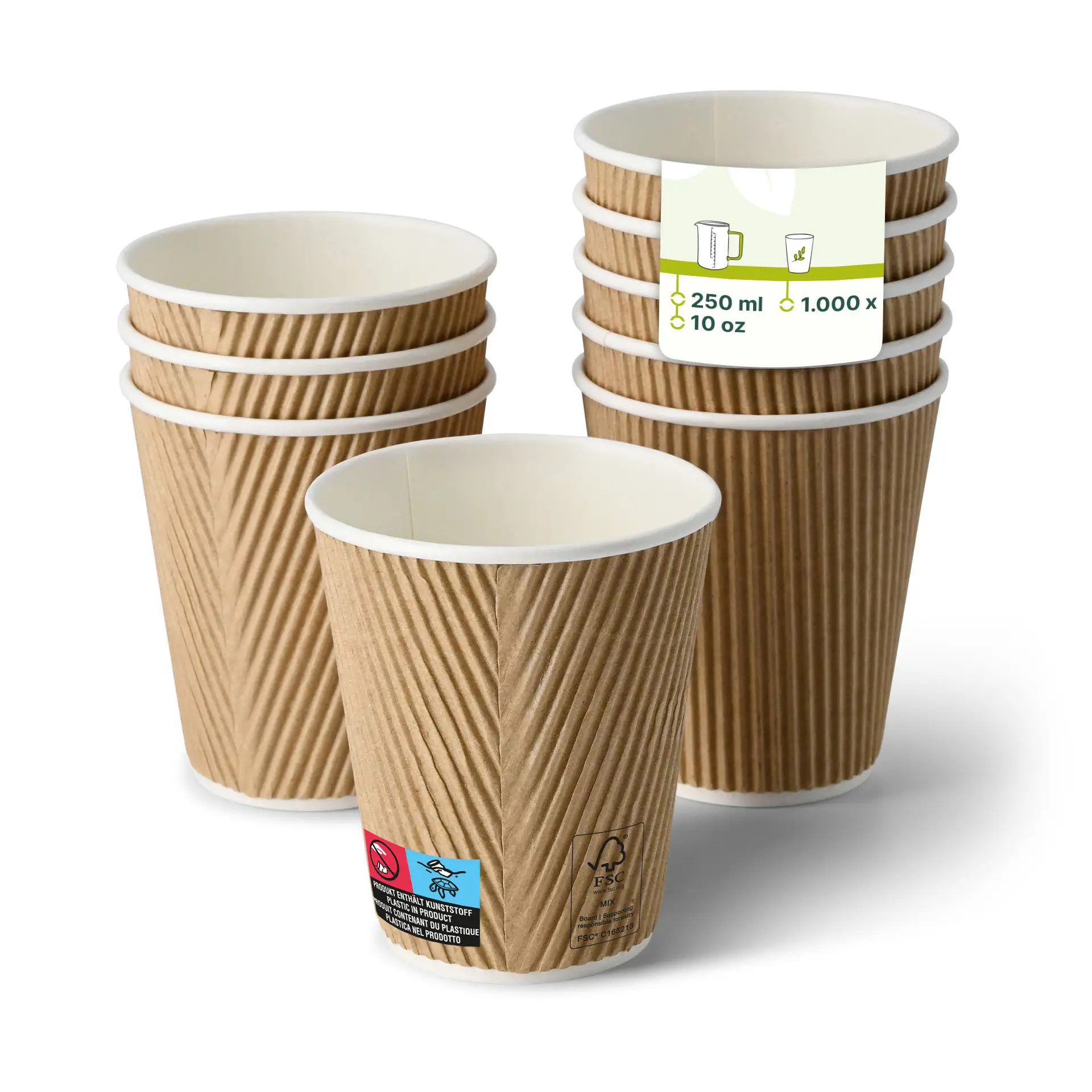 Tazze da caffè Ripple marroni con interni bianchi; pila di cinque con etichetta visibile. Ogni tazza contiene 250 ml.
