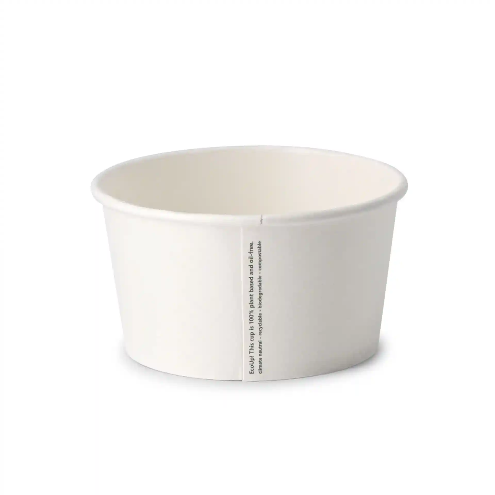 Contenitore per zuppa in carta bianco rotondo con un diametro di 115 mm e un'altezza di 62 mm.