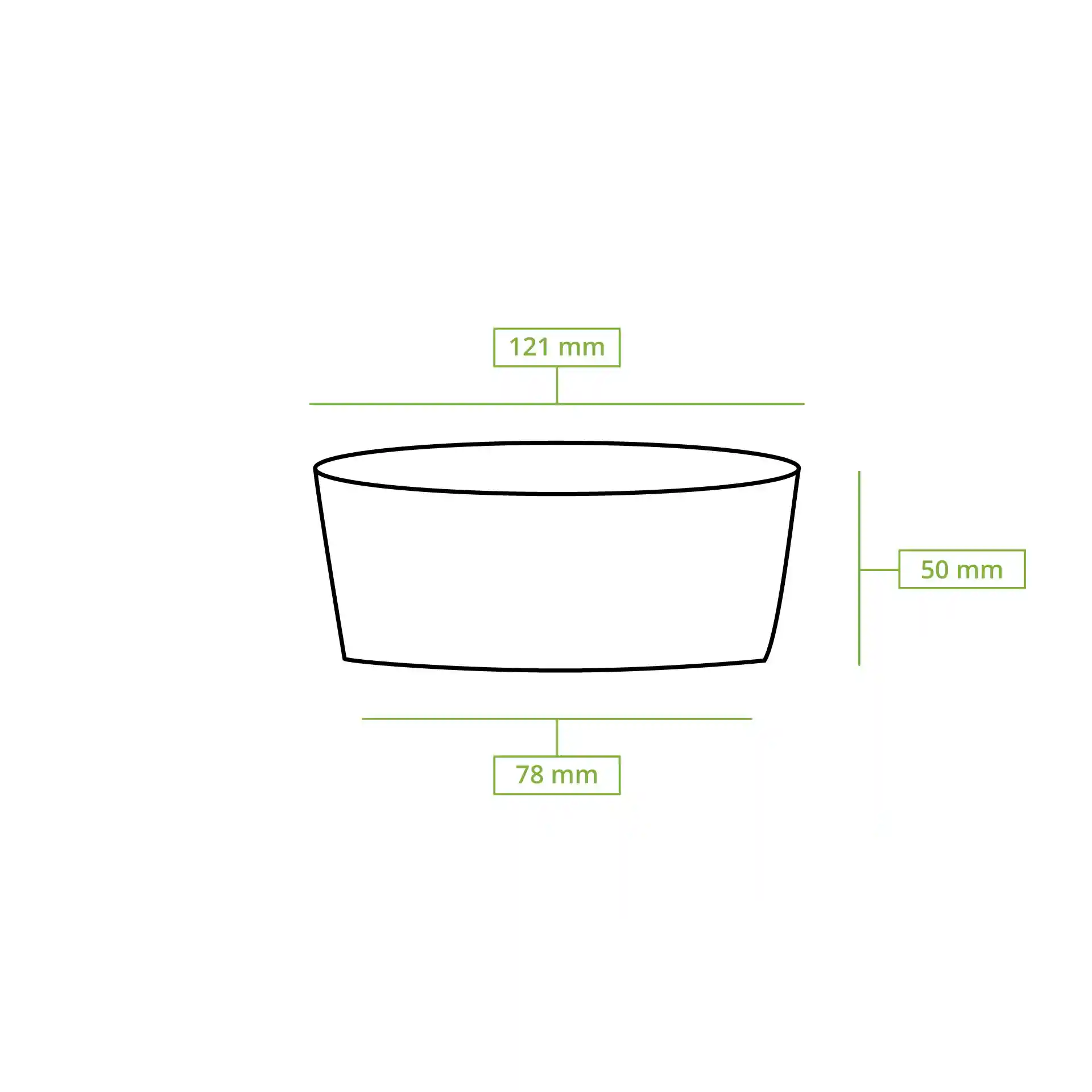Disegno schematico di un contenitore rotondo per gastronomia con dimensioni: 121 mm di diametro, 50 mm di altezza e 78 mm di diametro alla base.