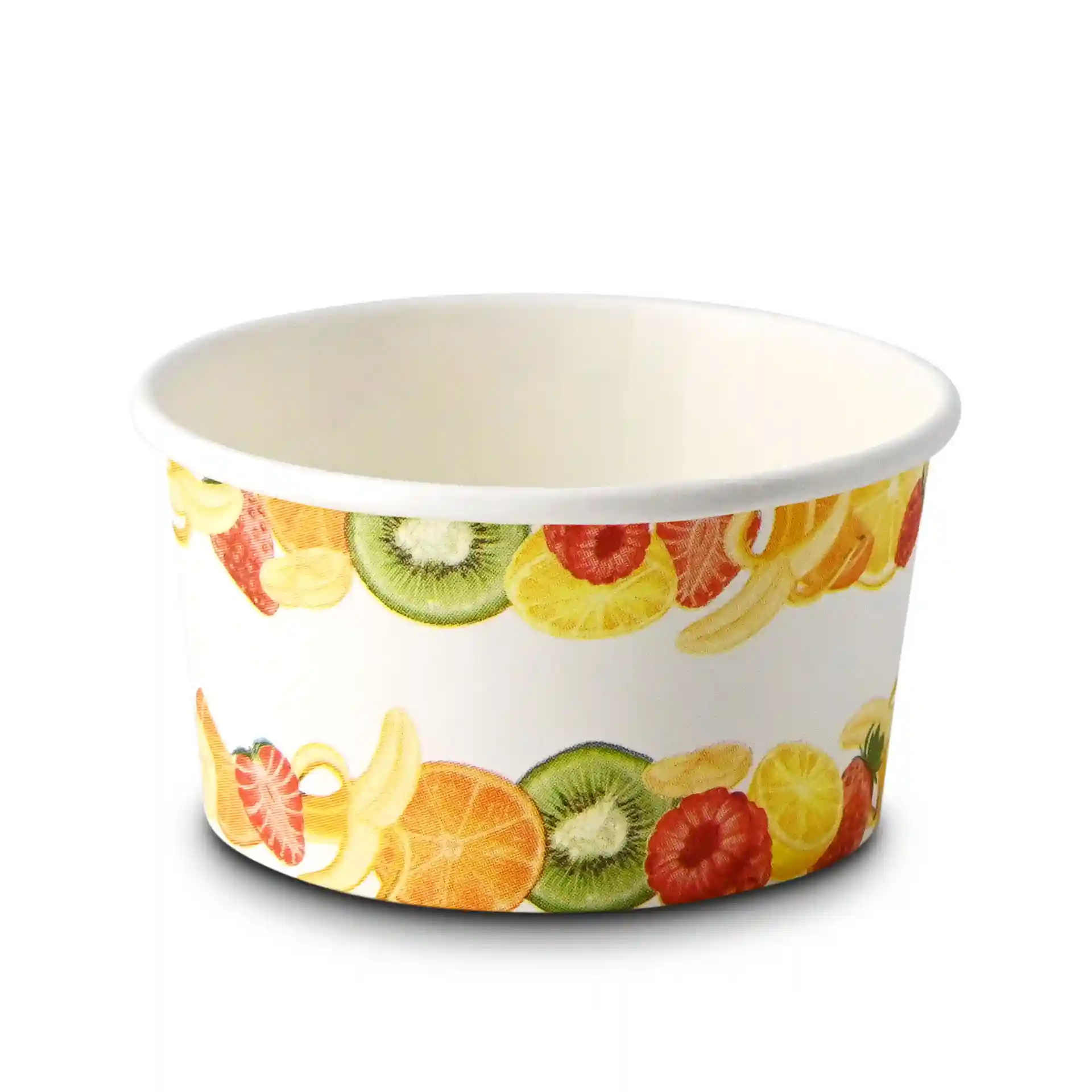 Bicchiere di carta con design a frutta, capacità di 6 oz, diametro di 92 mm in alto e altezza di 50 mm.
