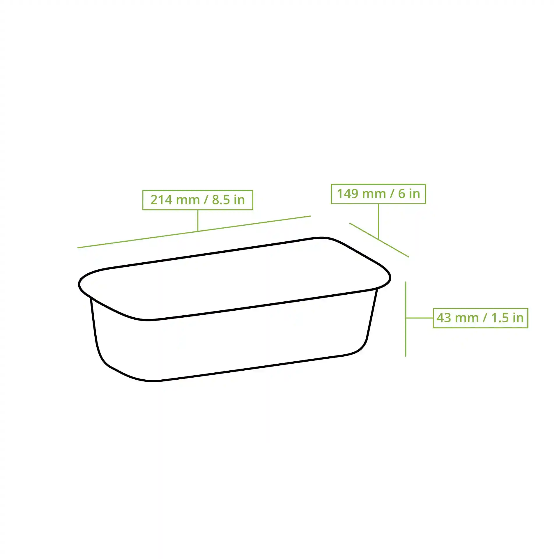 Disegno schematico di un contenitore rettangolare in alluminio con dimensioni di 214 mm x 149 mm x 43 mm.