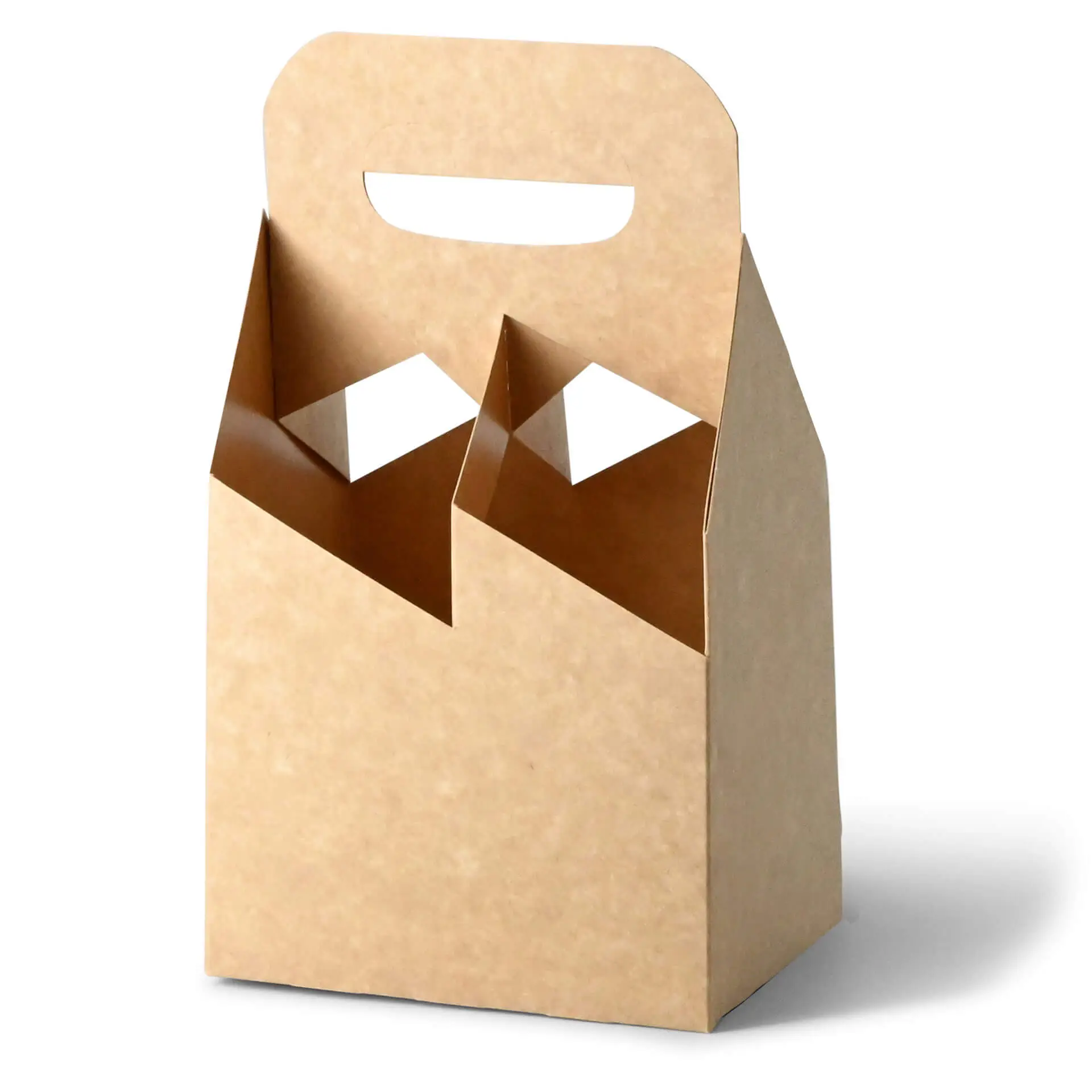 Porta-bottiglie in cartone pieghevole con manico centrale, progettato per 2-4 bottiglie, finitura marrone.