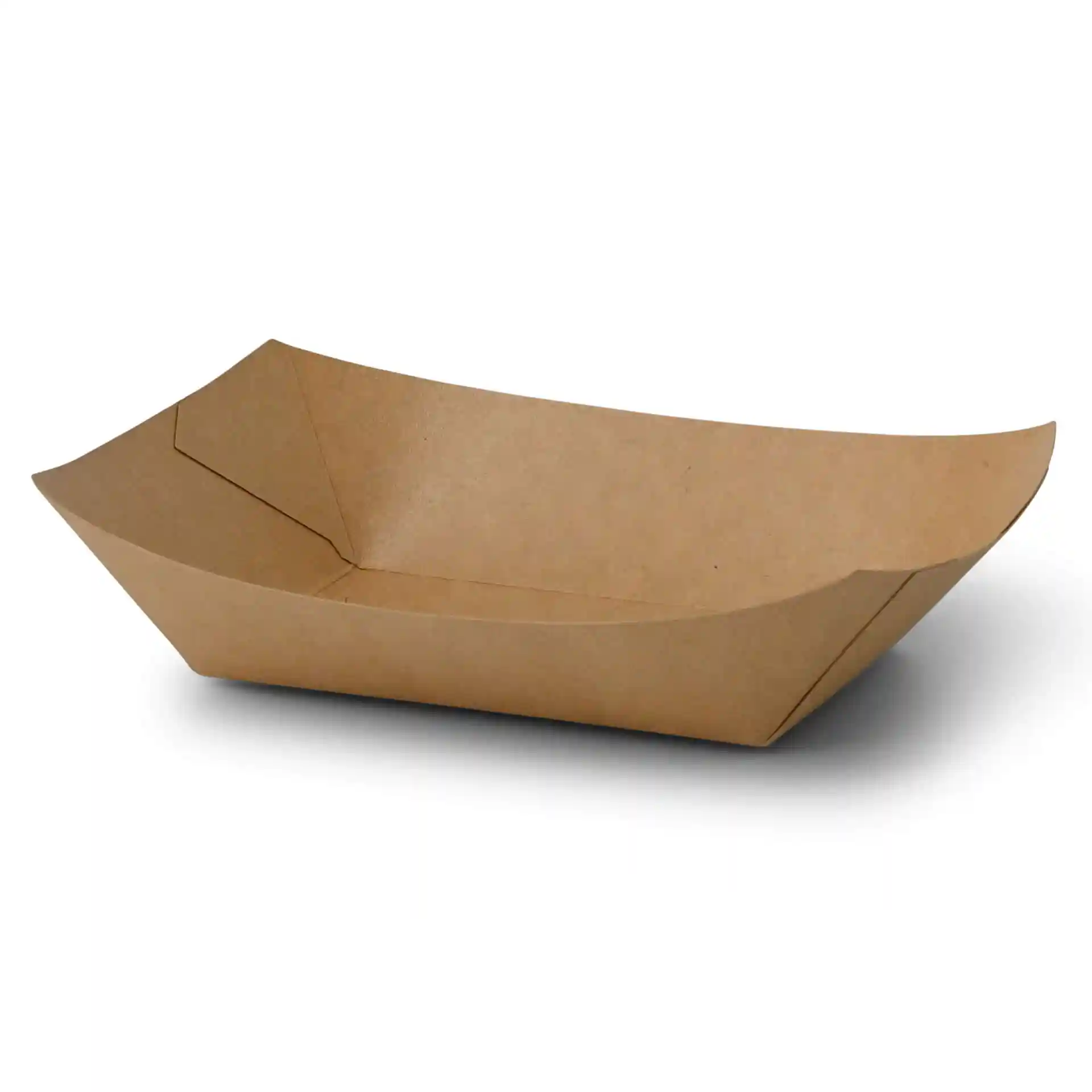 Vassoio per snack in cartone marrone con superficie rivestita, misura 19,5 x 14 x 4,5 cm.