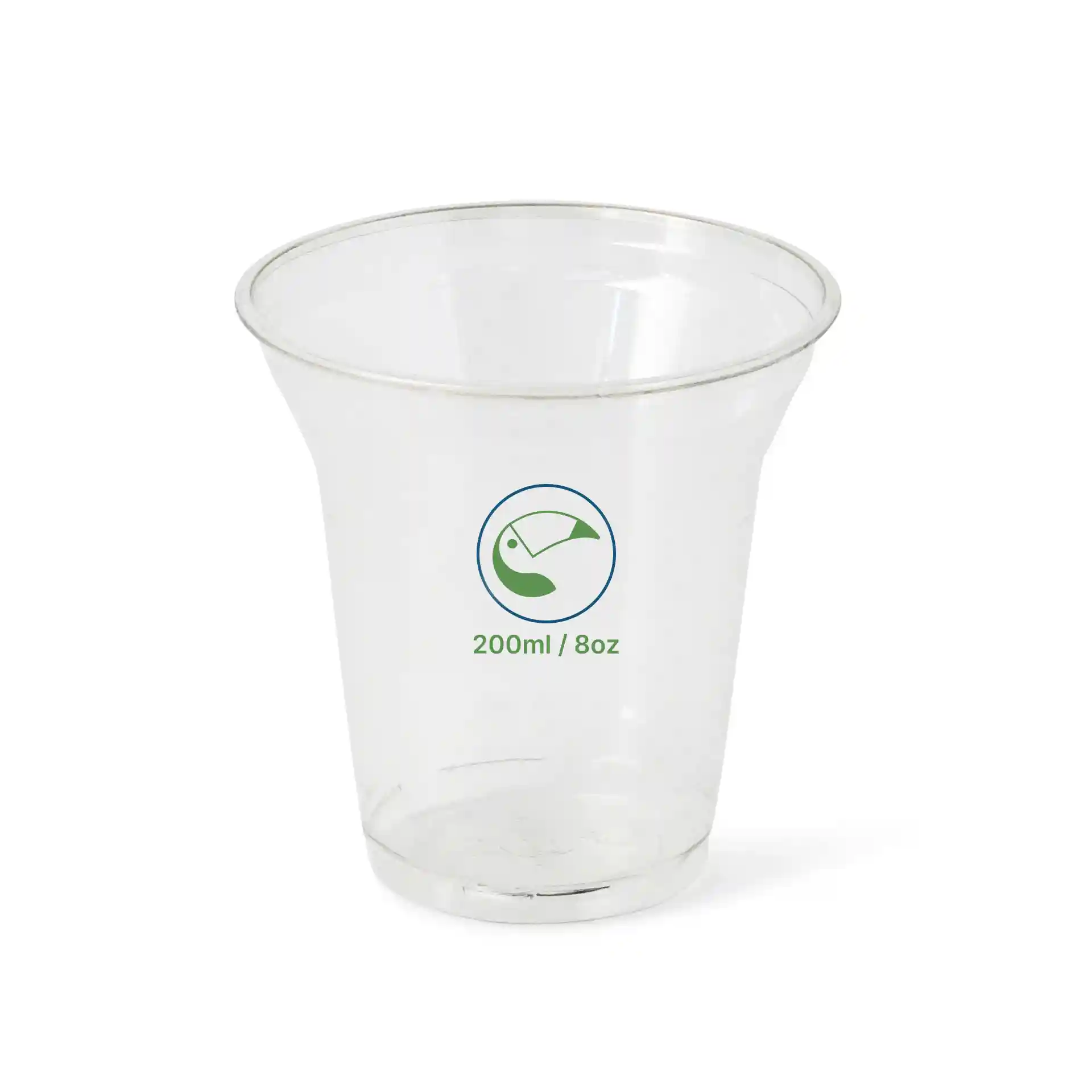 Bicchiere rPET trasparente da 8 oz, alto 96 mm e con un diametro di 95 mm, con simbolo verde e marcature di volume.