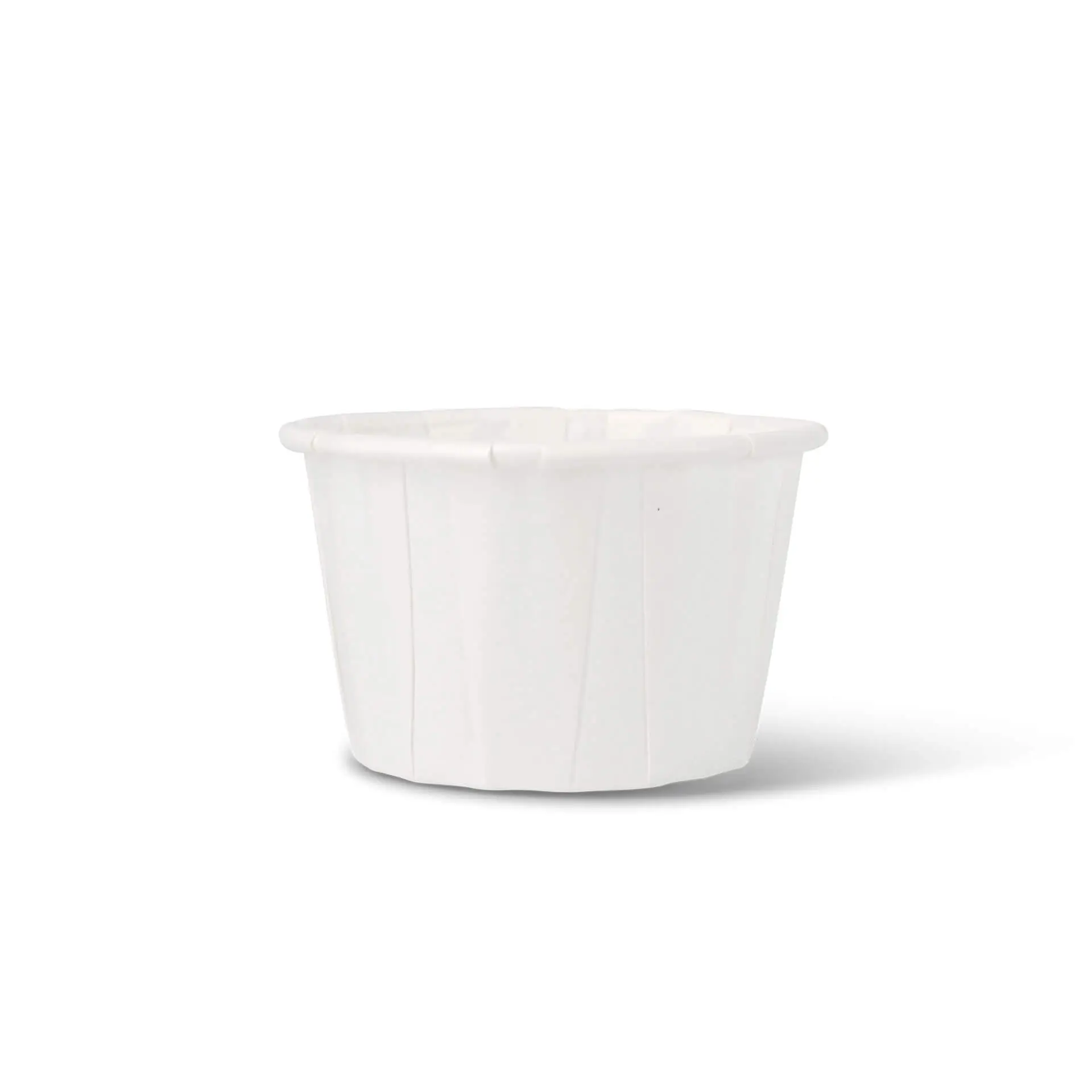 Cup in carta bianca con design a righe, adatto per piccole porzioni e salse, capacità di 45 ml.
