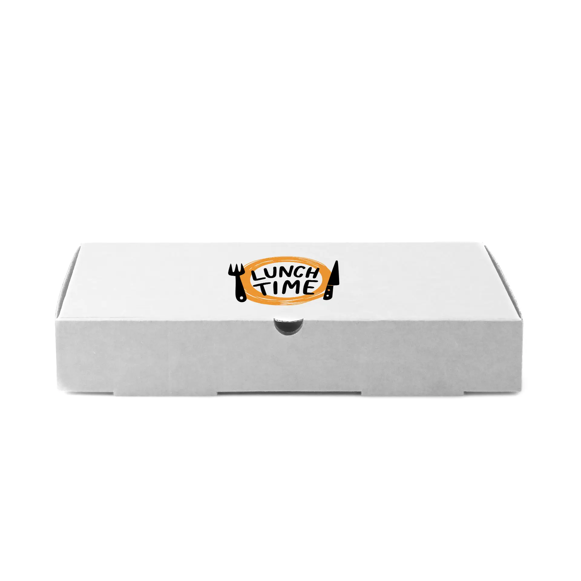 Scatola per pizza bianca con un logo arancione circolare che mostra il testo "LUNCH TIME" e posate. Dimensioni: 28 x 28 x 4 cm.