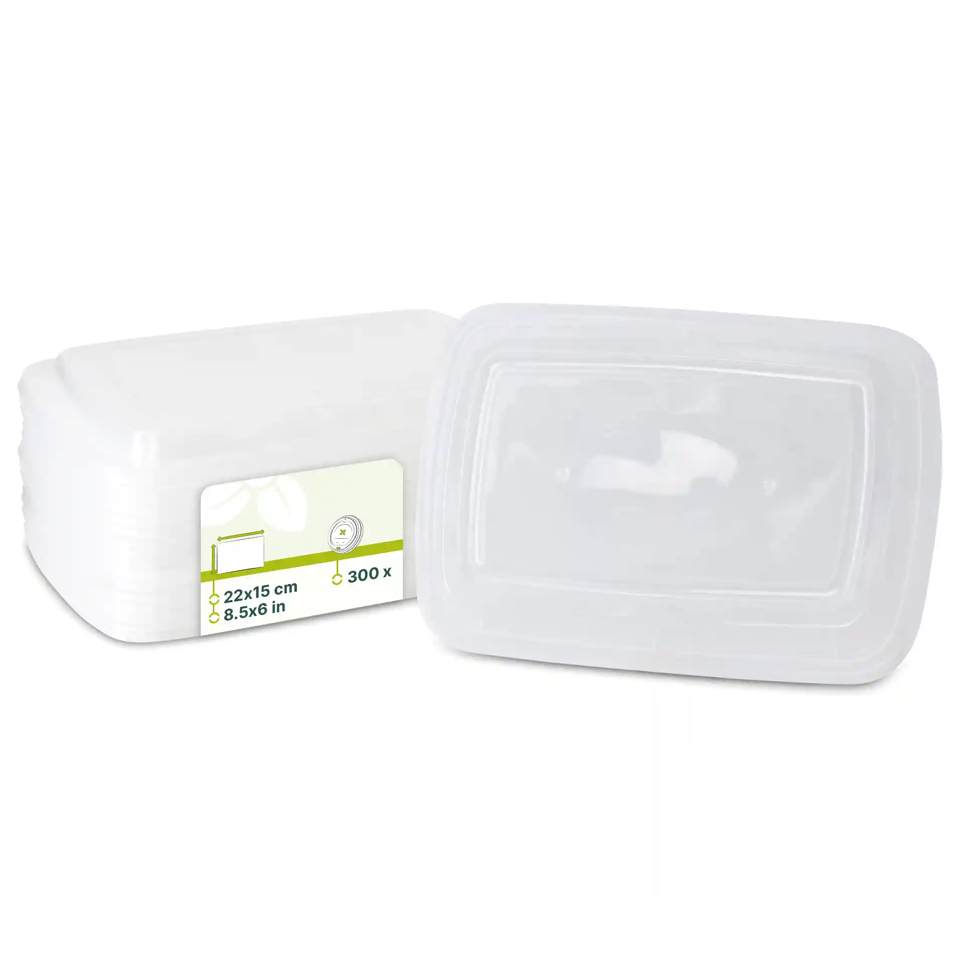 Coperchio rettangolare trasparente riutilizzabile in PP, con dimensioni di 22x15 cm e un'etichetta con marcature.