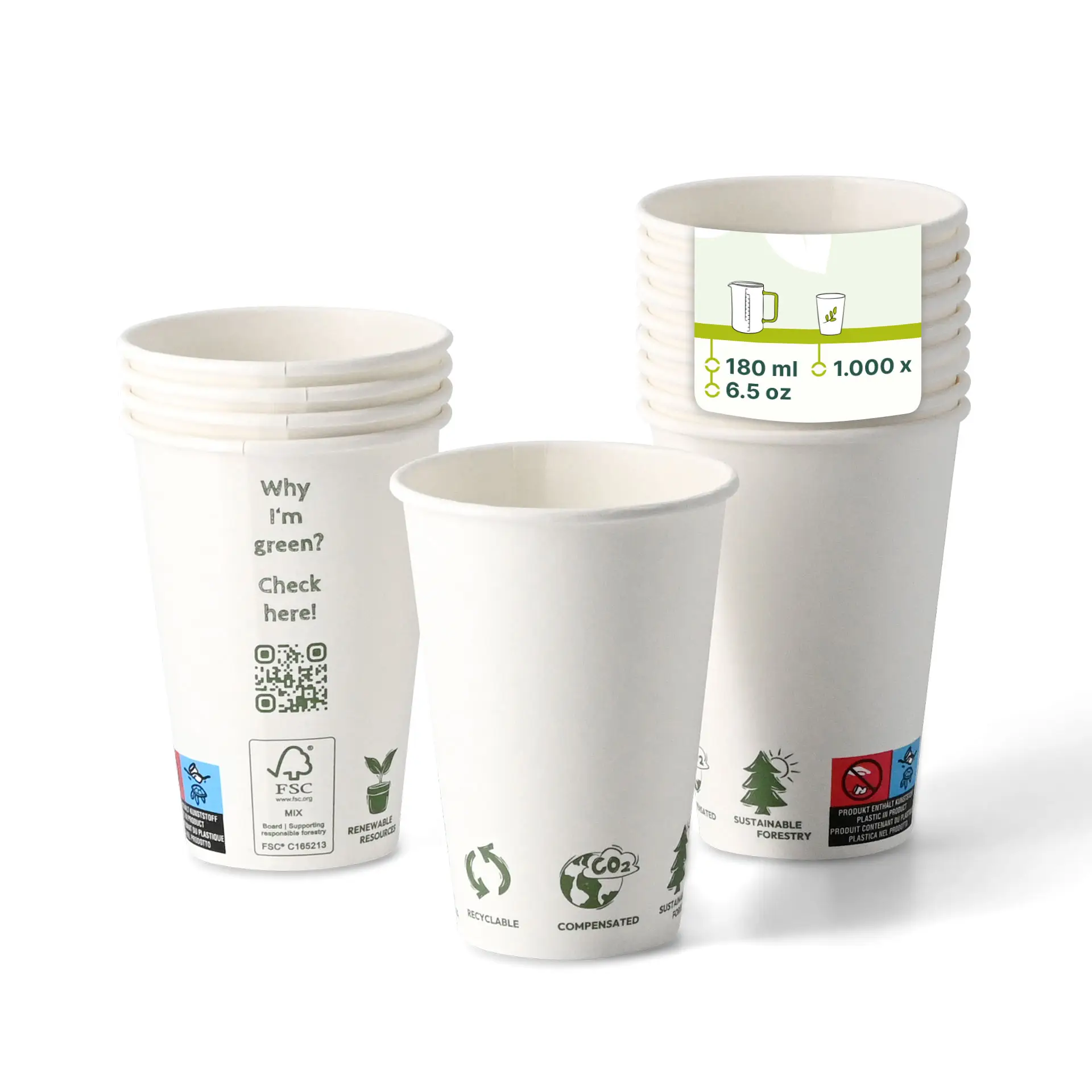 Bicchiere per distributore "EcoUp©" Icone, 180 ml / 7,5 oz, Ø 70 mm, parete singola, bianco, rivestito in PLA