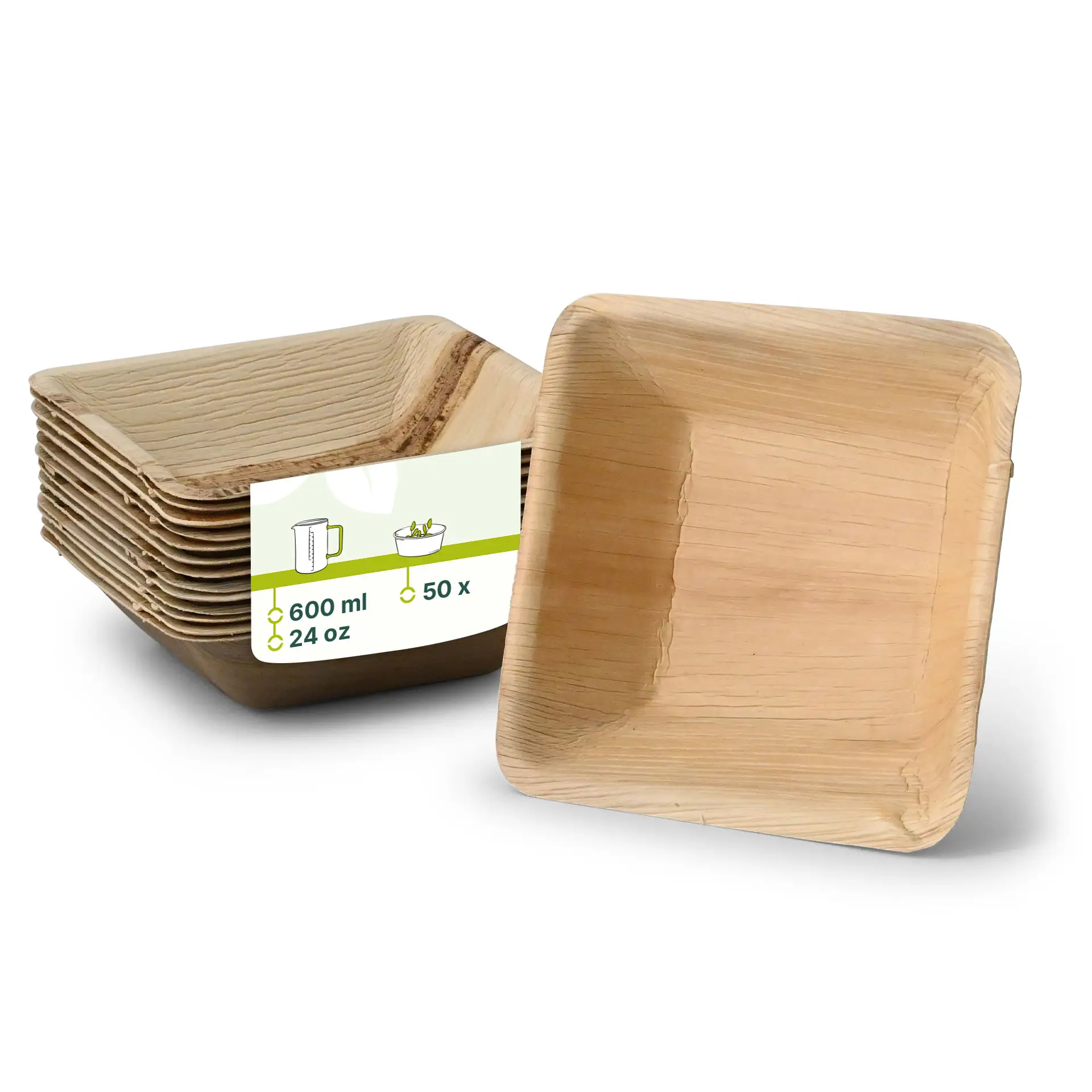 Ciotola quadrata in foglia di palma, 600 ml; biodegradabile e adatta per cibi caldi o grassi; include un'etichetta visibile con le specifiche.