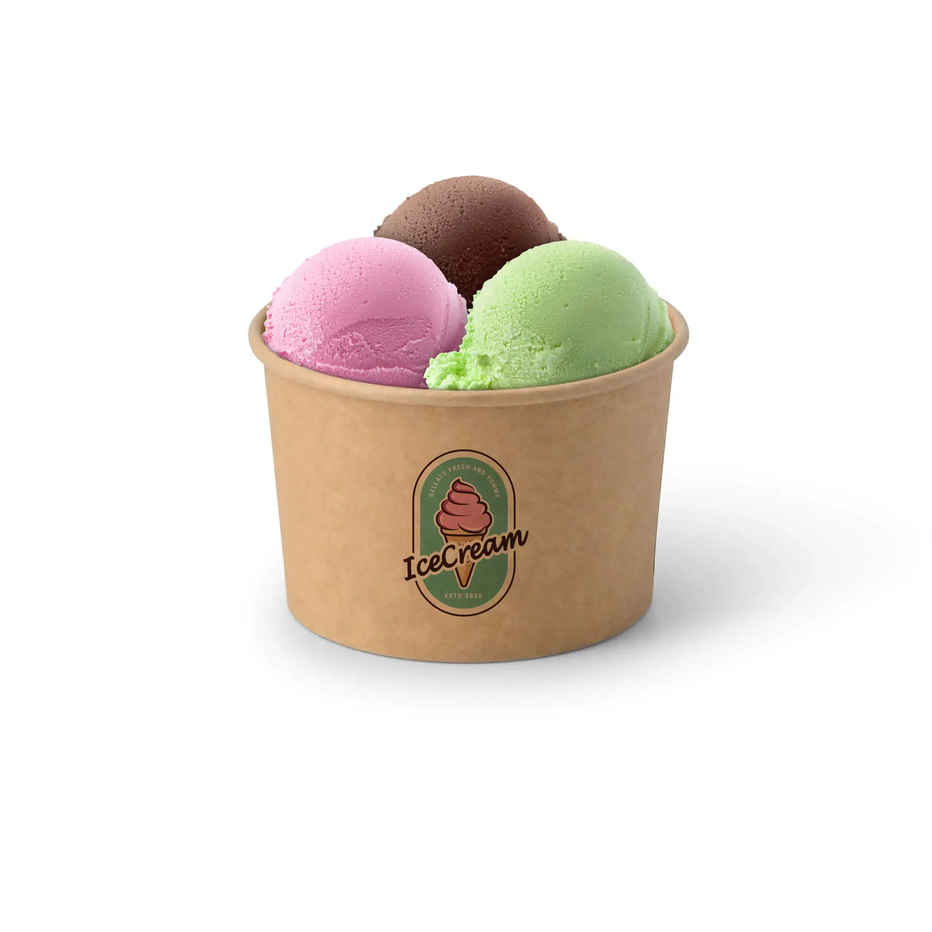 Una coppa di gelato marrone con tre palline di gelato: verde menta, rosa e cioccolato, con un logo davanti.
