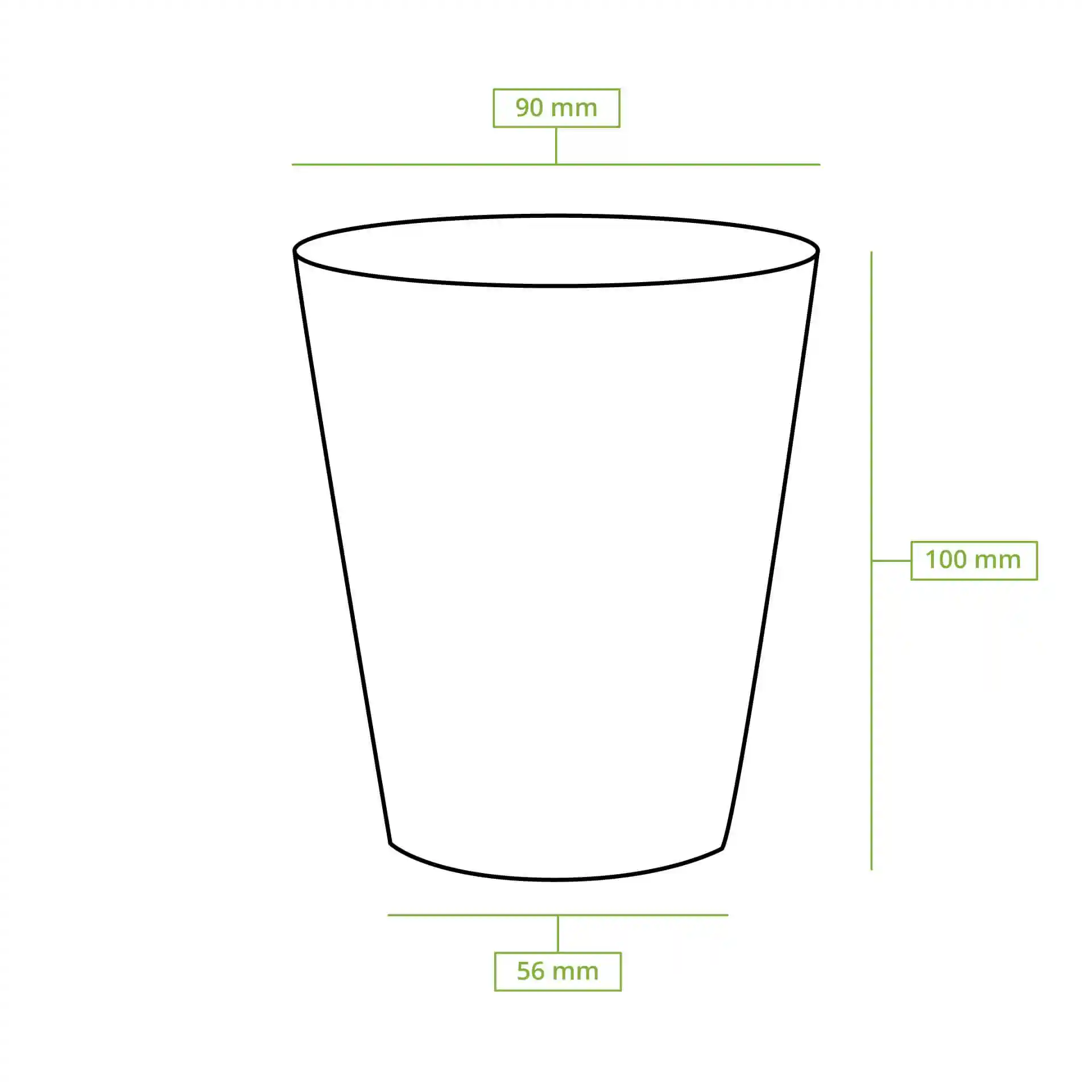 Disegno schematico di un bicchiere rotondo con dimensioni: altezza 95 mm, diametro superiore 90 mm, diametro inferiore 60 mm.