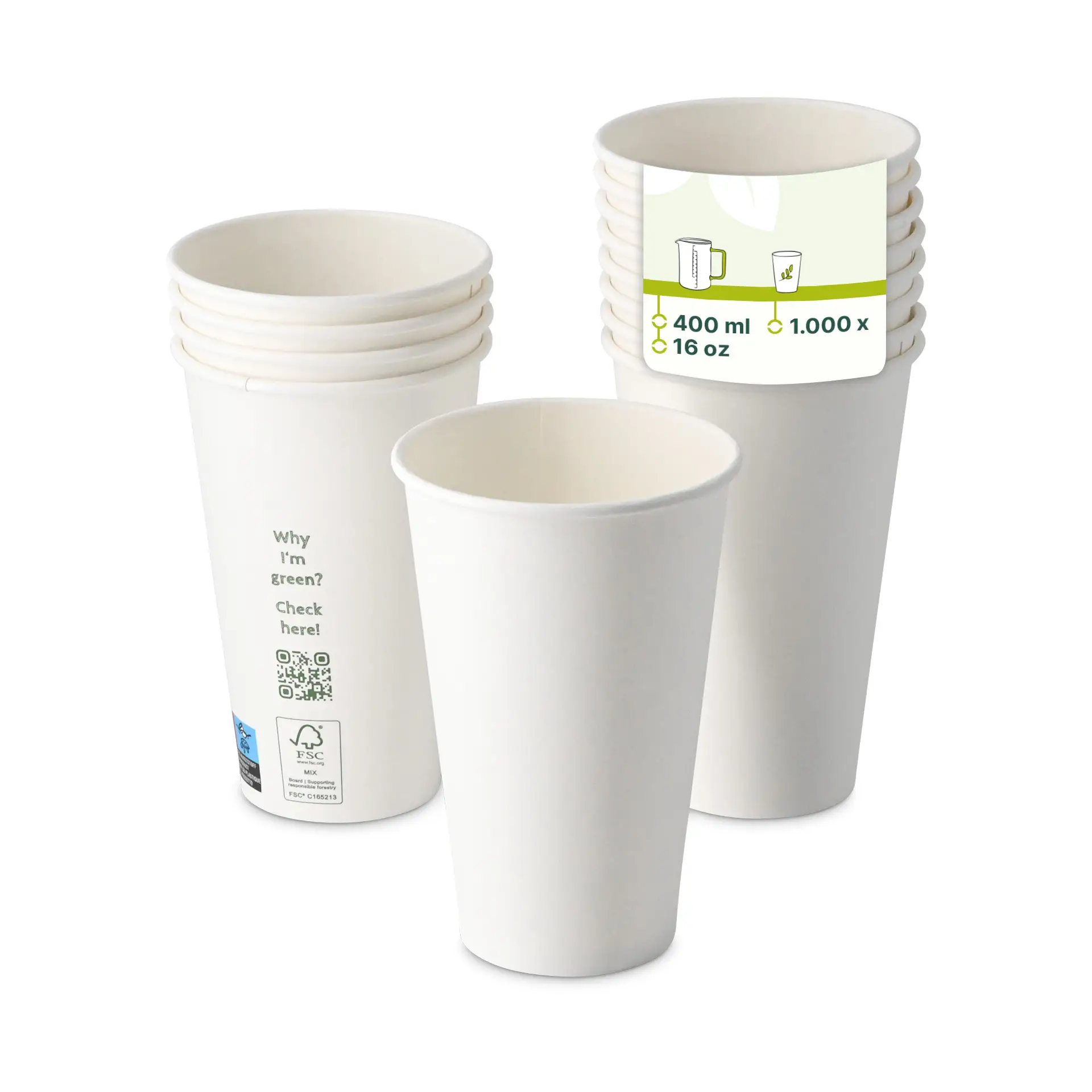 Bicchiere di carta 400 ml / 16 oz, Ø 90 mm, monostrato, bianco, con rivestimento in PLA