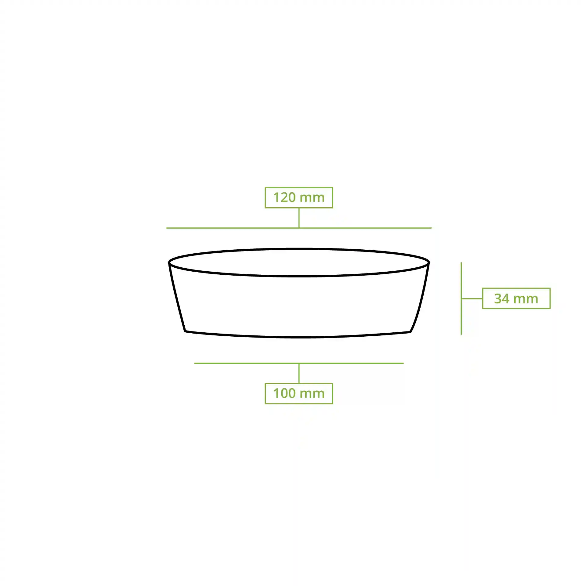Disegno schematico di un contenitore rotondo con dimensioni: 120 mm di diametro in alto, 100 mm di diametro in basso e 34 mm di altezza.