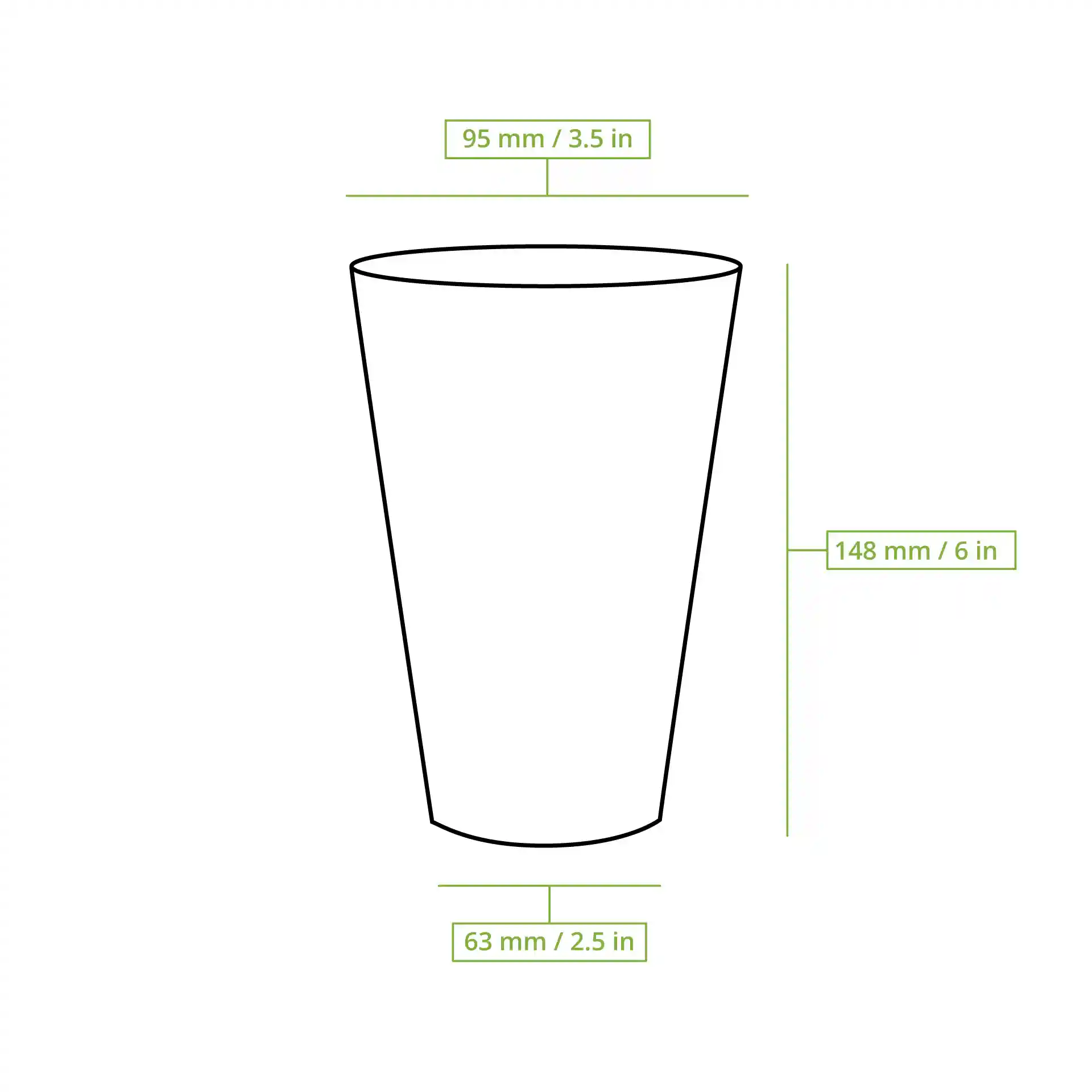 Disegno schematico di un bicchiere con linee di dimensione che indicano un'altezza di 148 mm, un diametro superiore di 95 mm e un diametro inferiore di 63 mm.