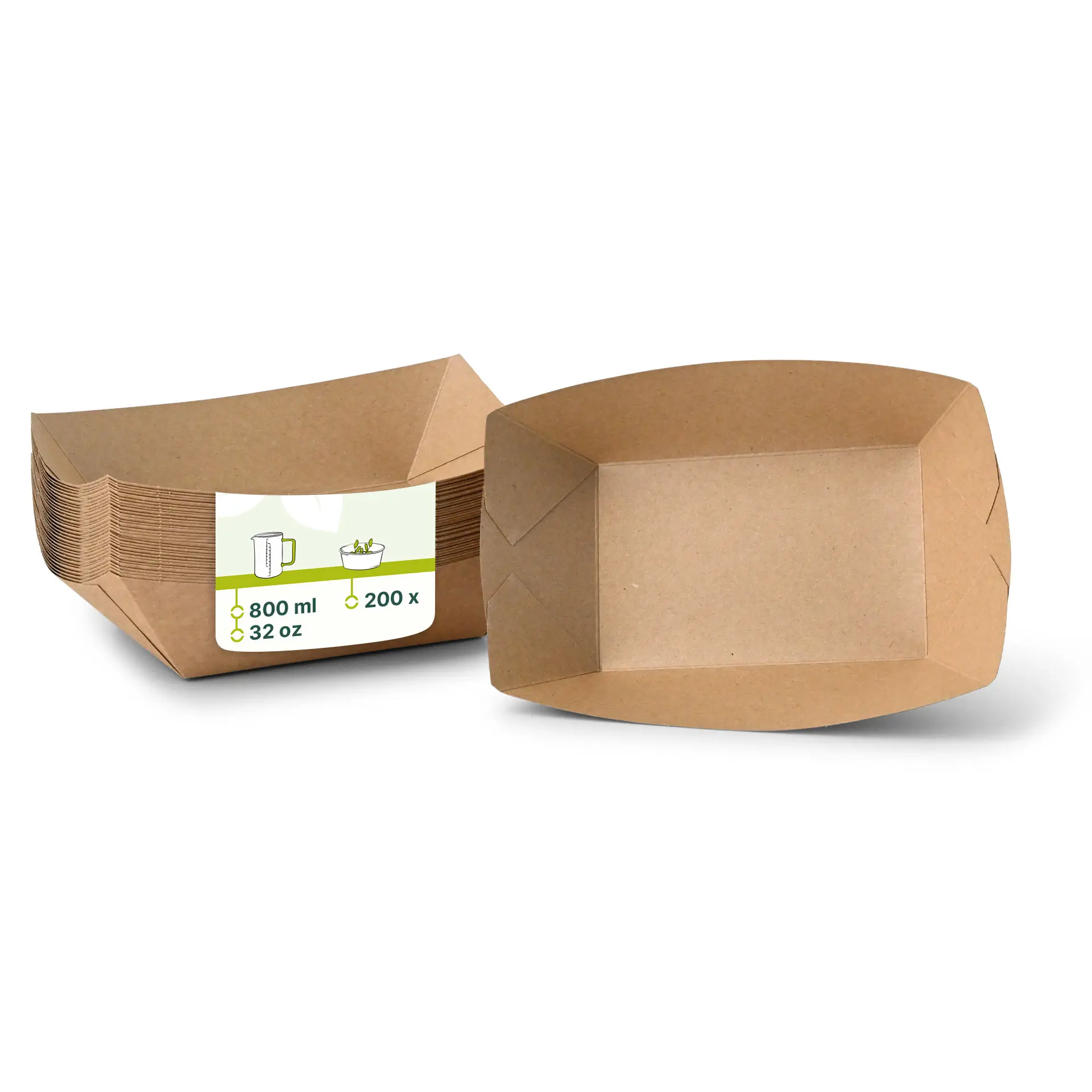 Vassoi alimentari in cartone rivestiti in bio premium, marroni; ideali per cibi caldi e freddi. Include 200 vassoi, ciascuno da 800 ml.