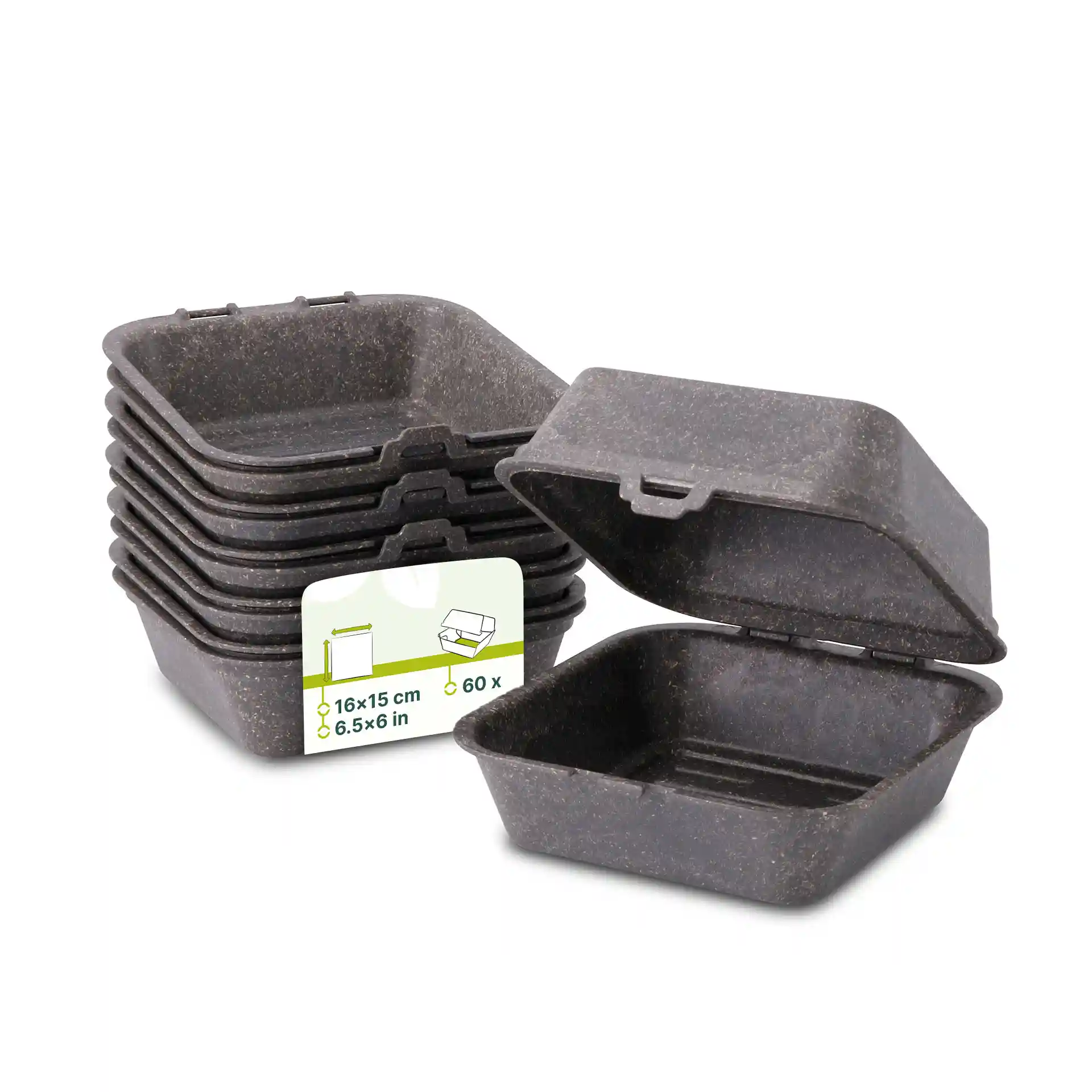Pila di scatole per hamburger grigie riutilizzabili con una scatola aperta che mostra le dimensioni interne di 16 x 15 x 8,5 cm.