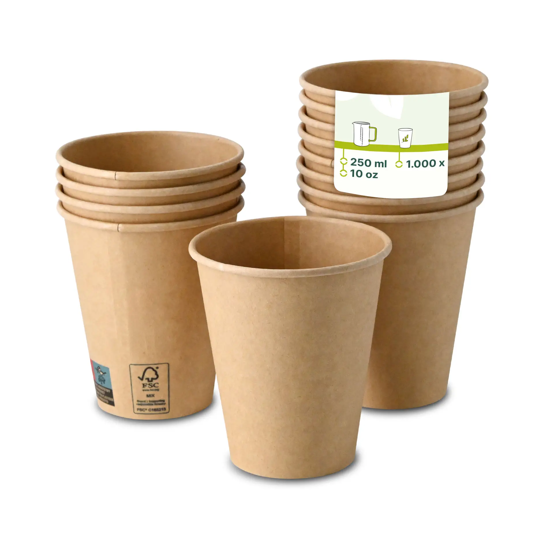 Coppette di carta marroni impilate, con una coppetta davanti che mostra un'etichetta con capacità di 250 ml e dimensione di 10 oz.