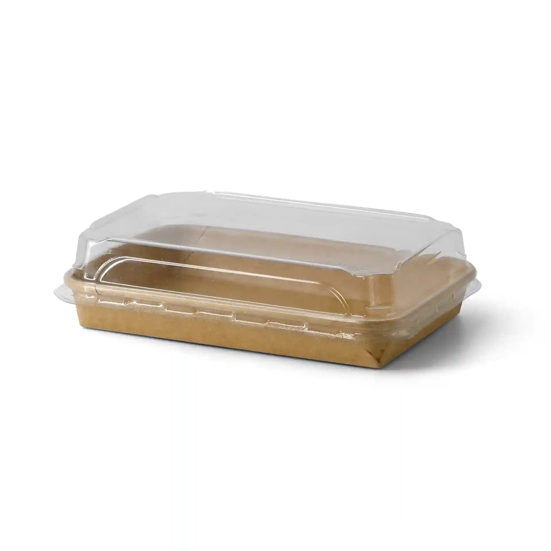 Scatola di sushi marrone con coperchio in plastica trasparente, misura 22 x 14 x 2,5 cm.