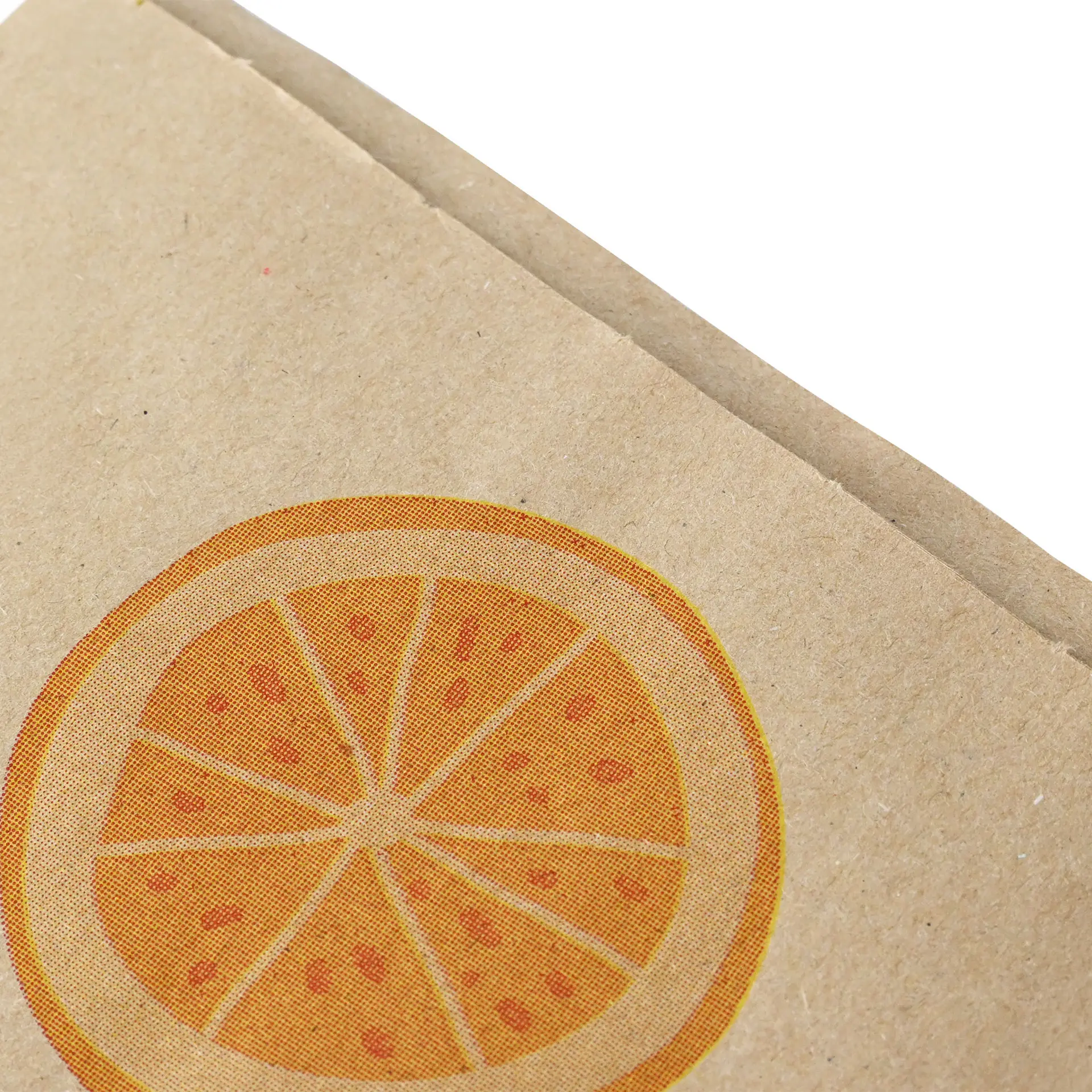Cono di carta marrone con una grafica di una fetta d'arancia, ideale per il branding presso i banchi di frutta e verdura.