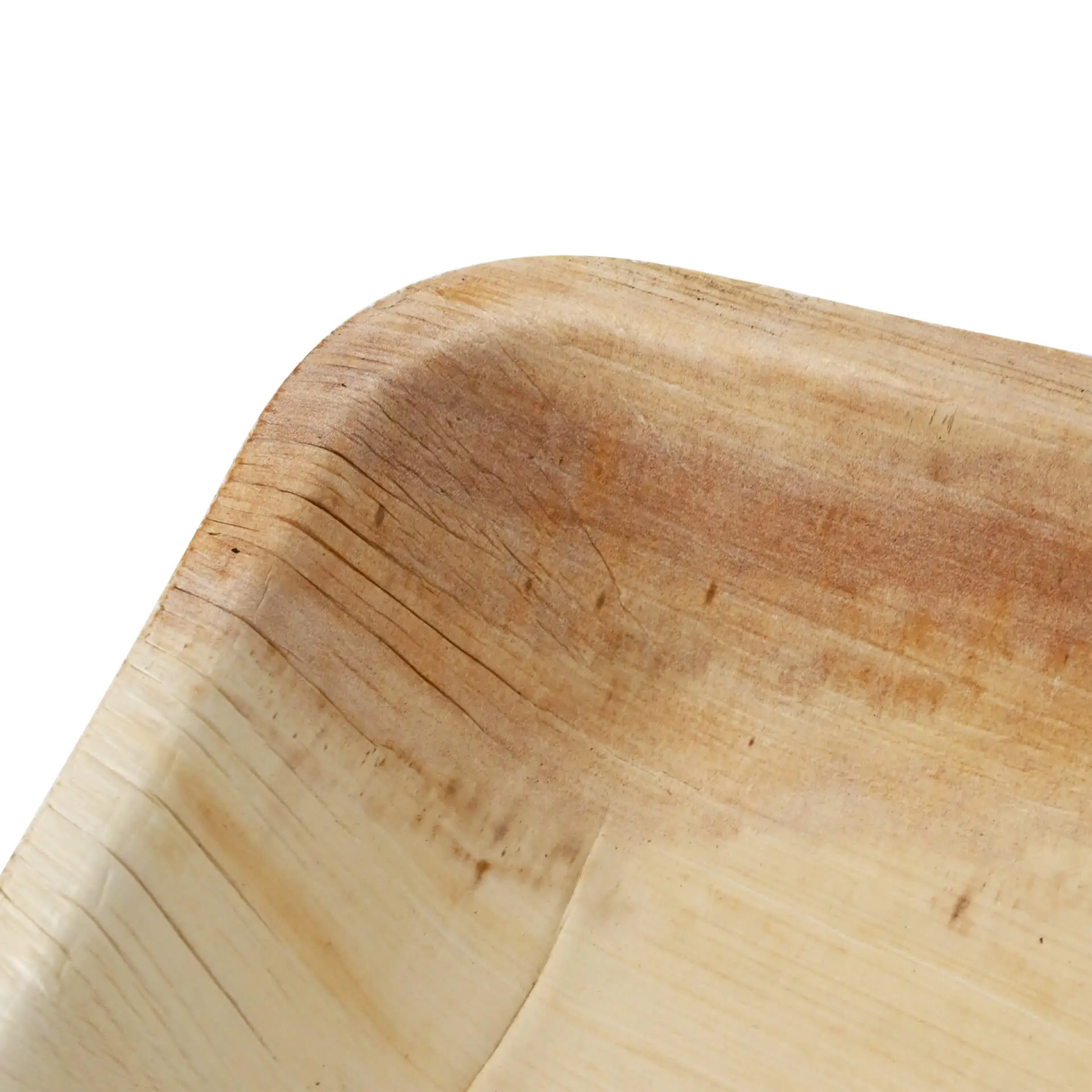 Piatto rettangolare profondo in foglia di palma, 16 x 13 cm, con una grana naturale liscia e bordi lucidati. Adatto per la presentazione dei cibi.