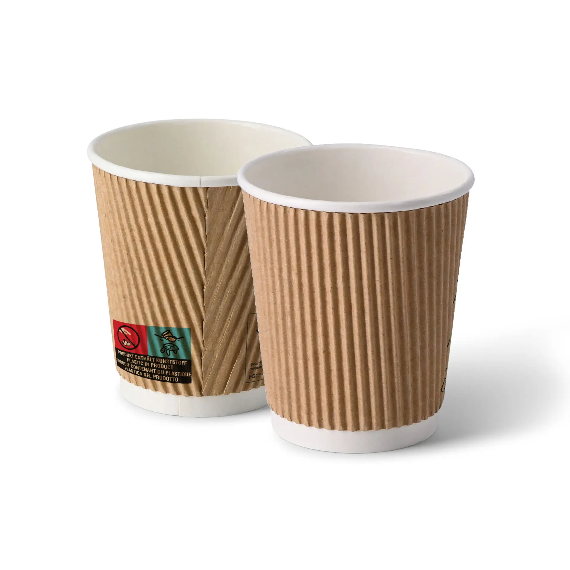 Due tazze da caffè monouso marroni da 8 oz con interni bianchi; una tazza mostra un'etichetta con simboli di avvertimento.