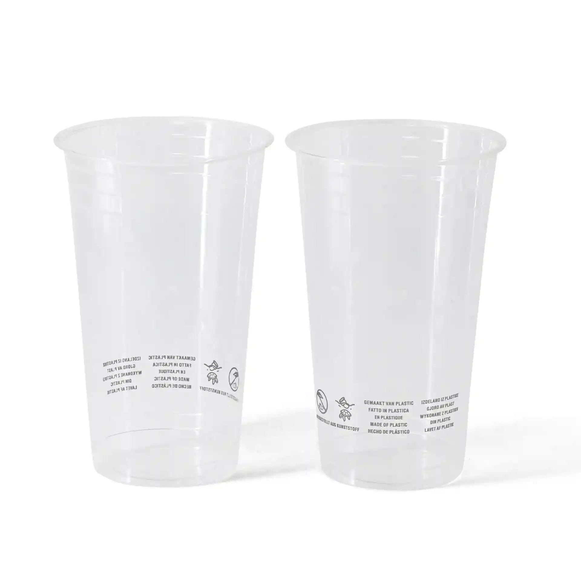 Bicchieri in plastica PLA trasparente, capacità di 500 ml, diametro di 95 mm e altezza di 148 mm, con marcature stampate.