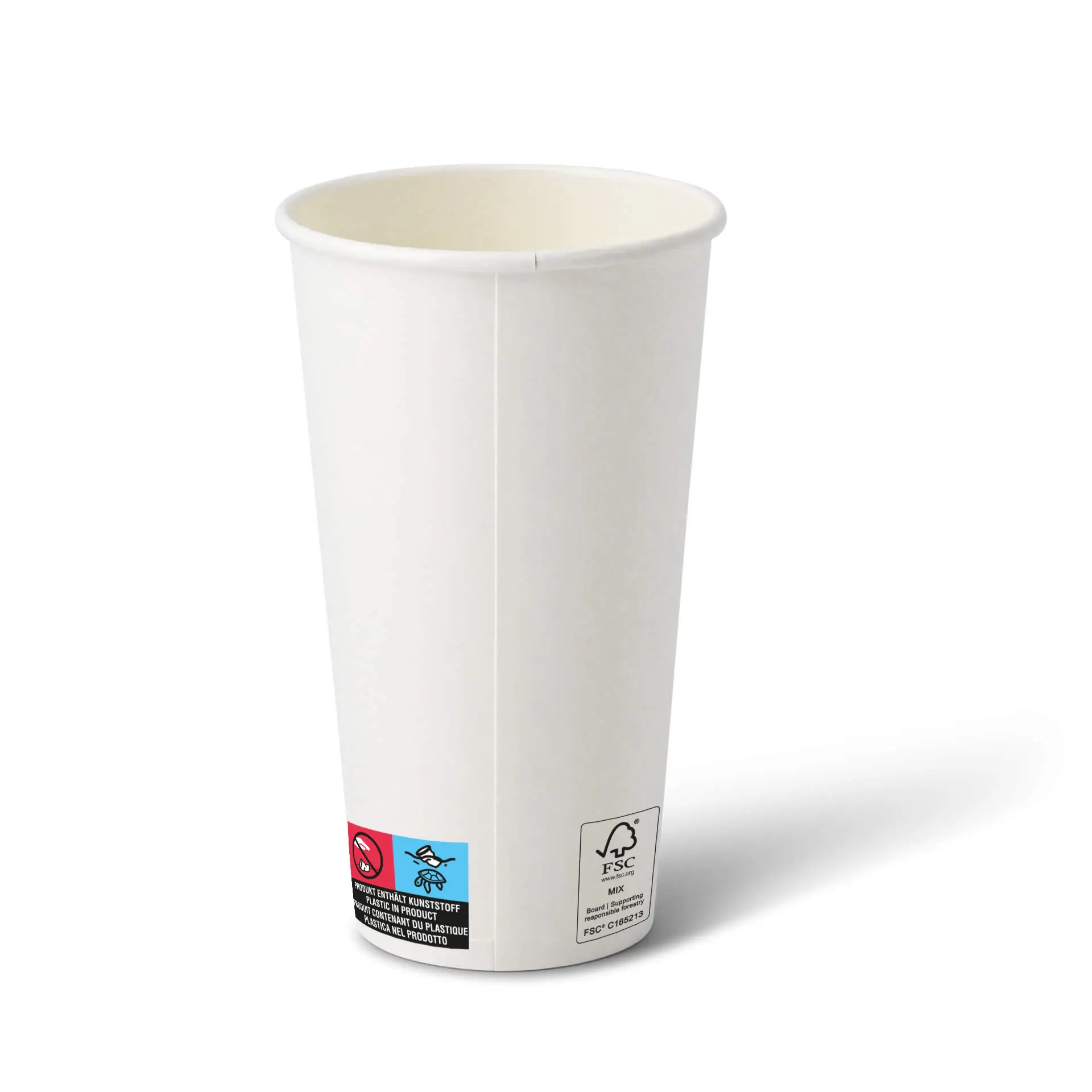 Bicchiere di carta bianco da 20 oz con forma rotonda, dotato di rivestimento e etichette visibili sul lato.