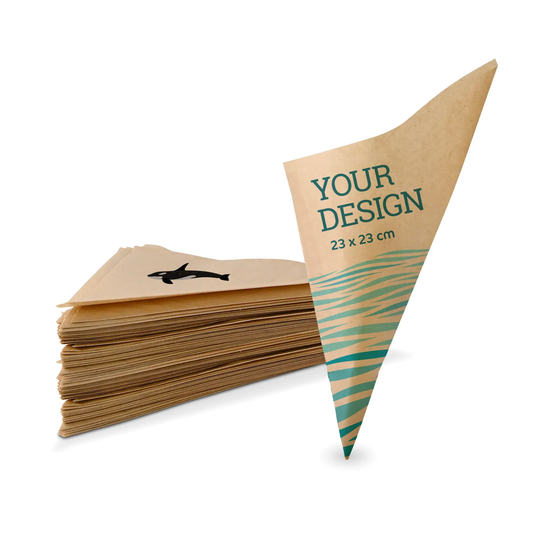 Busta a cono in carta marrone personalizzata per cibo, dimensioni 23 × 23 cm, con un design illustrativo sul retro.