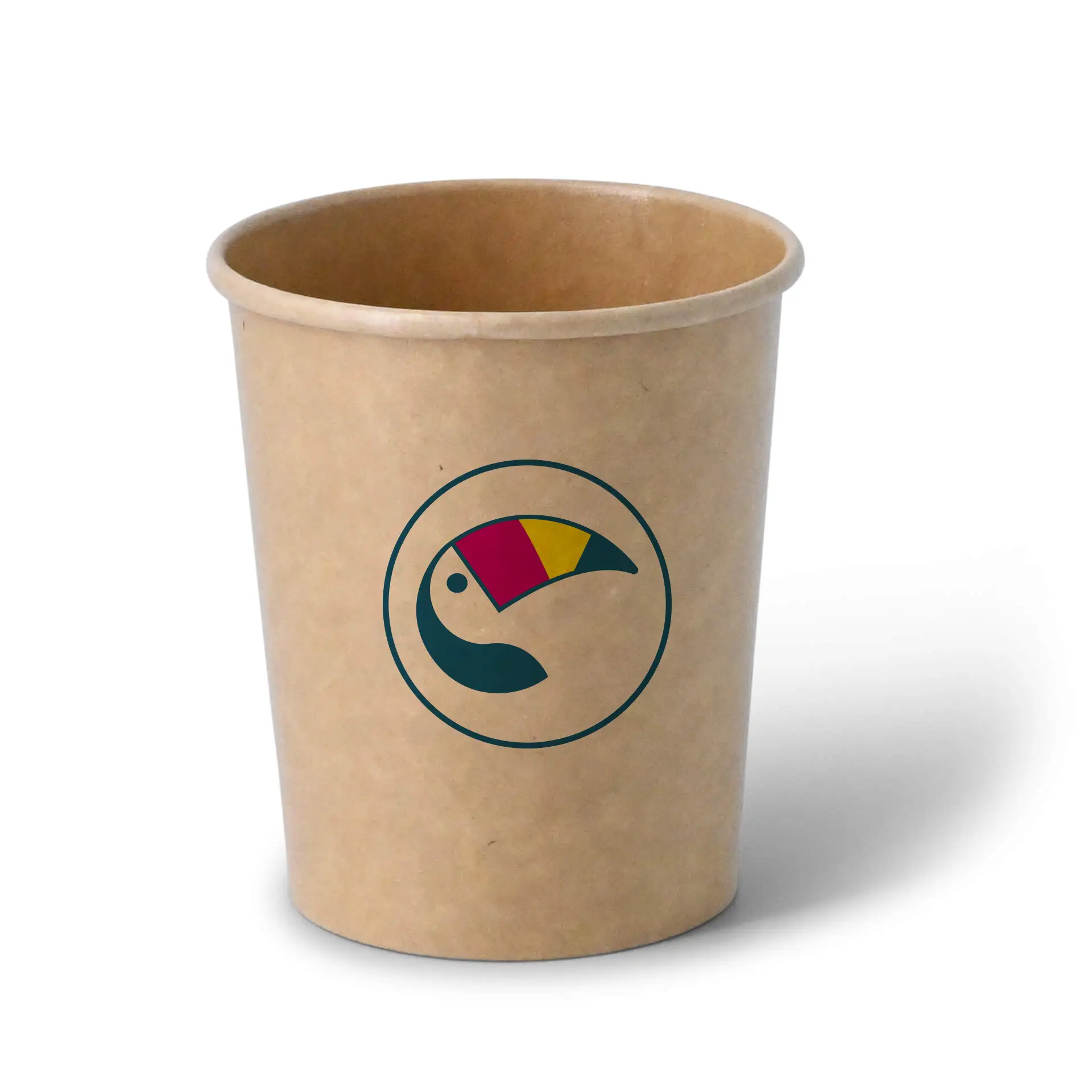 Cup di gelato marrone con logo di tucano colorato, adatto per porzioni da 400 ml e disponibile con coperchio opzionale.