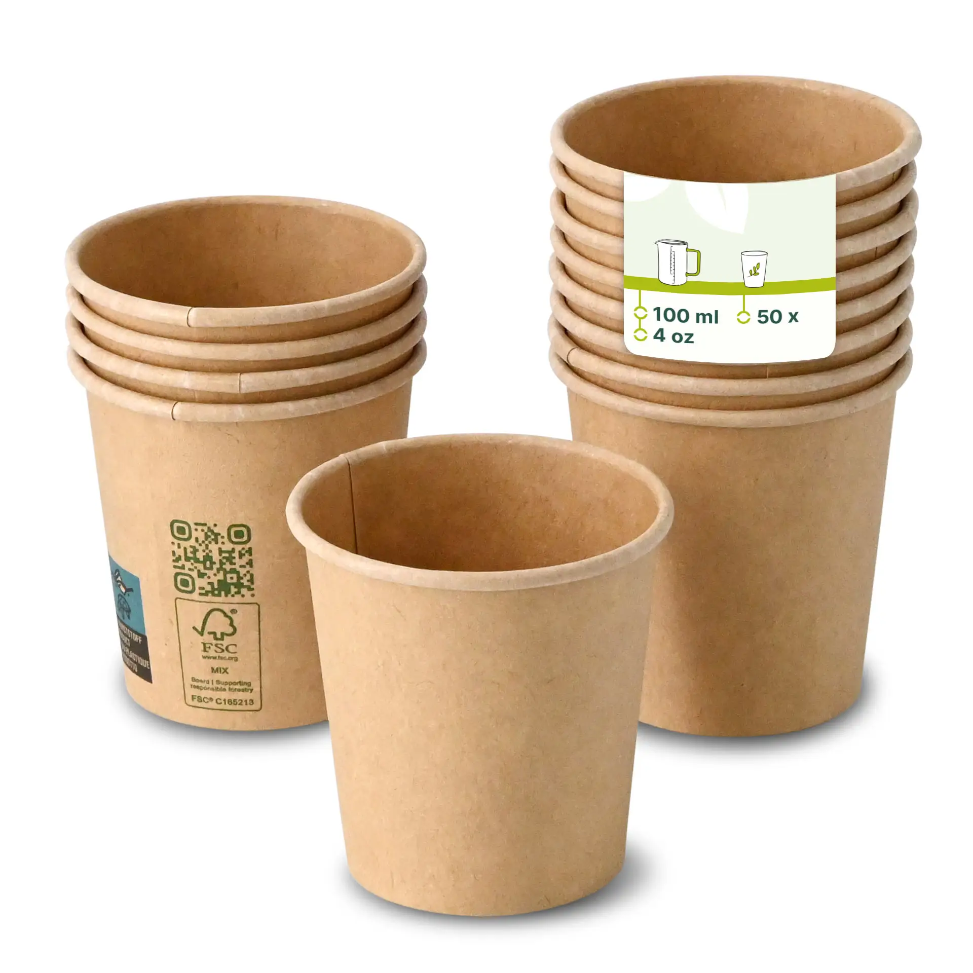 Bicchieri di carta marroni impilati, con un bicchiere davanti, mostrano una finitura in PLA e un'etichetta che indica una capacità di 100 ml.