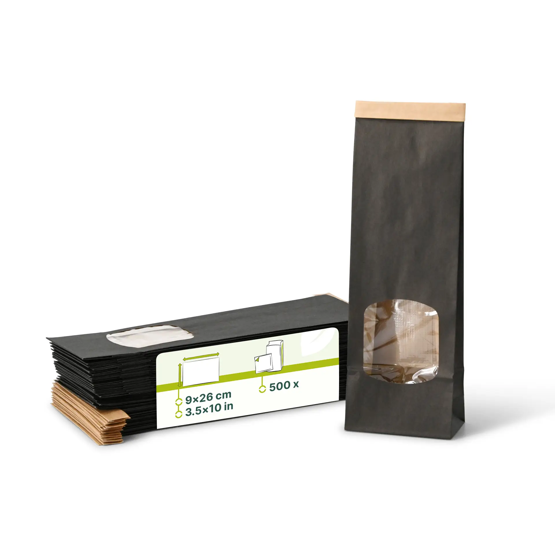 Blockbeutel m. Fenster S, 9 x 4,5 x 26 cm, PP-Folie, schwarz, Clipband, Kraftpapier