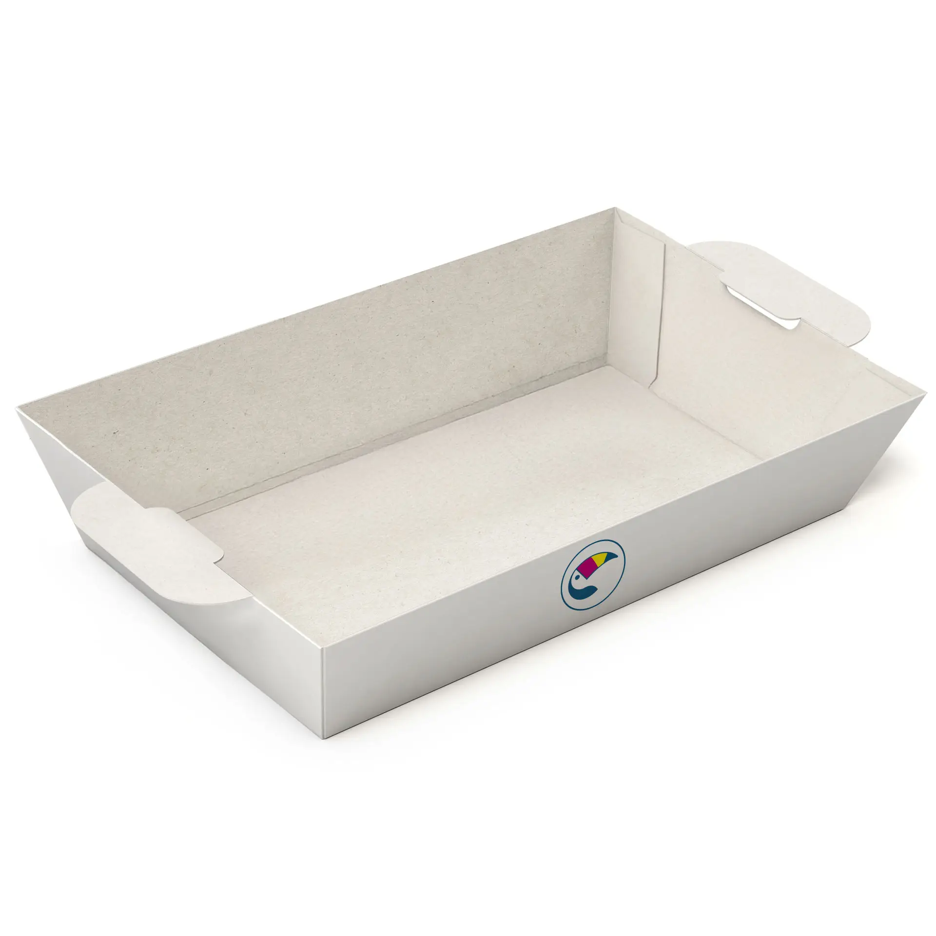 Vassoio per snack bianco personalizzato con manici laterali e stampa del logo; design rettangolare vuoto adatto per il servizio cibo.