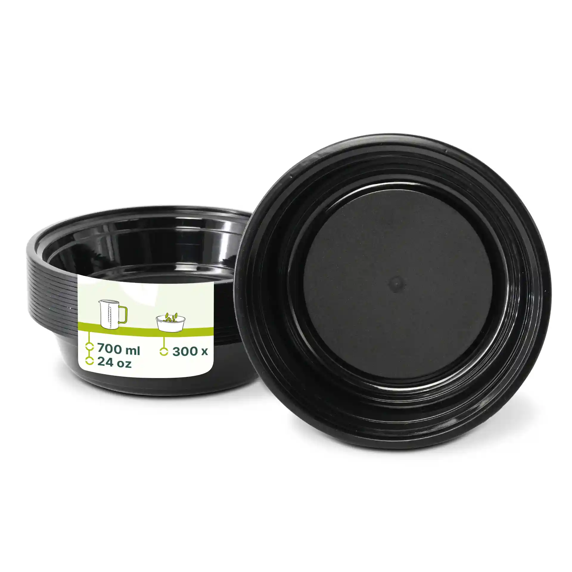 Piatto rotondo riutilizzabile nero in PP, capacità di 700 ml, diametro di 182 mm e altezza di 44 mm.